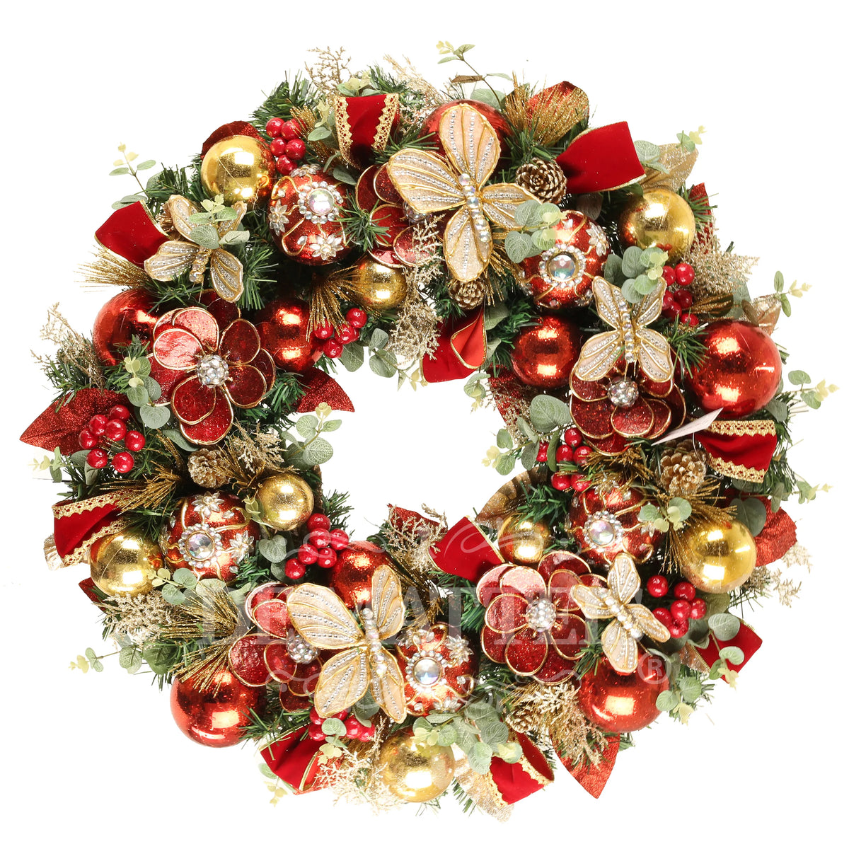 De Matteis, Corona decorata rosso oro da 80 cm con palle natalizie dorate, fiori glitterati rossi, nastri di velluto rosso, pigne e rametti di abete - DeMatteis.it