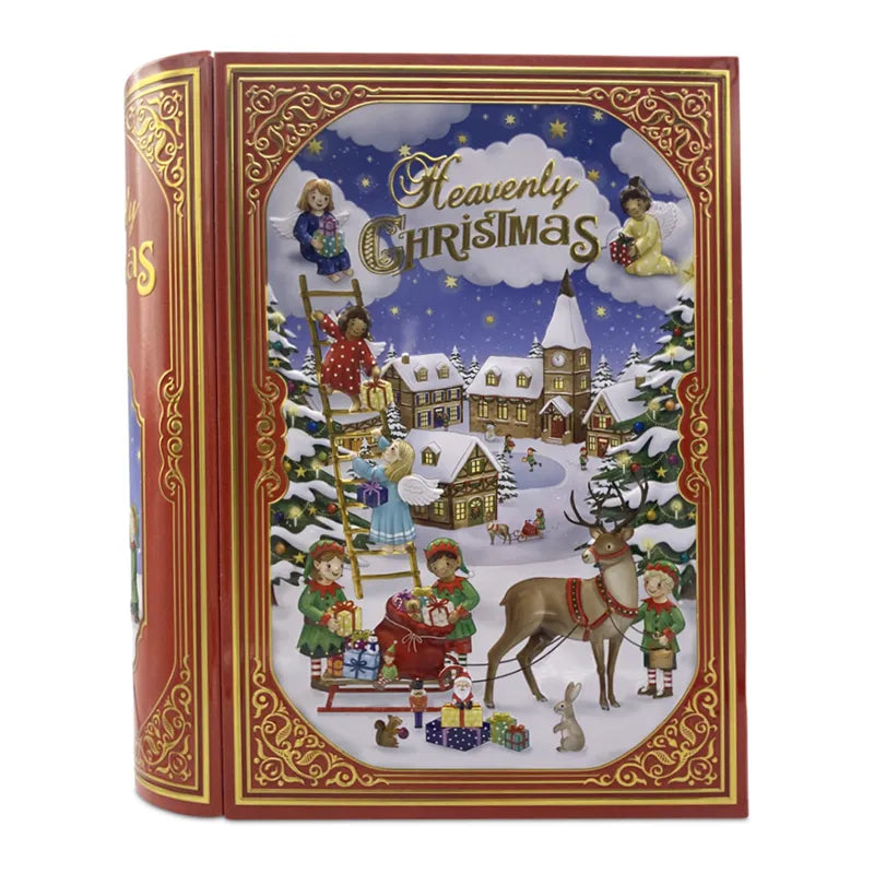 Scatola Latta Libro Decoro Natalizio Elfi contenitore decorativo a forma di libro per regali natalizi - DeMatteis.it