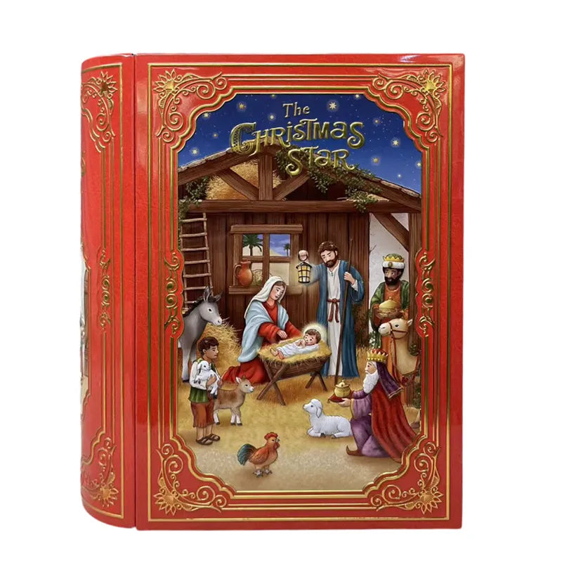 Scatola Latte Libro Decoro Presepe contenitore decorativo natalizio a forma di libro con scena della Natività - DeMatteis.it