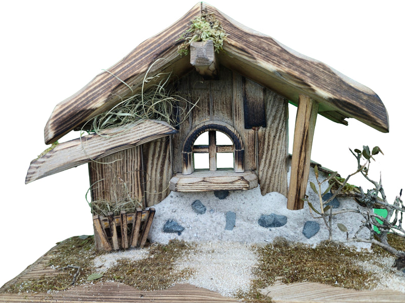 Capanna Legno Artigianale da 15 cm per presepe tradizionale con tetto in legno naturale - DeMatteis.it