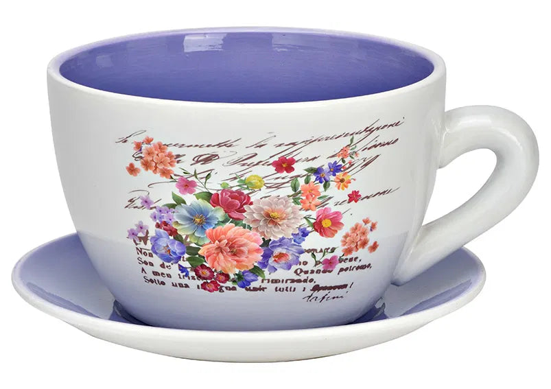Vaso Tazza Ceramica Decoro Fiori 20x12x15 Cm