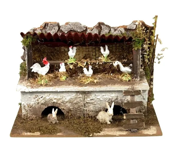 Stalla per presepe con polli e conigli 20x14x12 cm ambientazione artigianale - DeMatteis.it