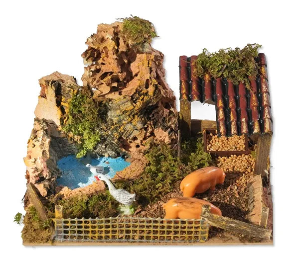 Recinto con animali per presepe o diorama 20x14x12 cm con paesaggio rurale, laghetto e figurine - DeMatteis.it