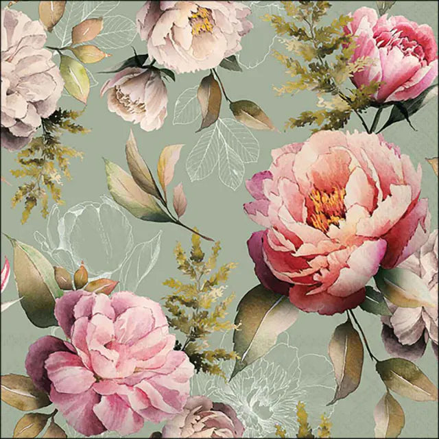 Set 20 Tovaglioli 33x33 Cm Peonies Composition Green
