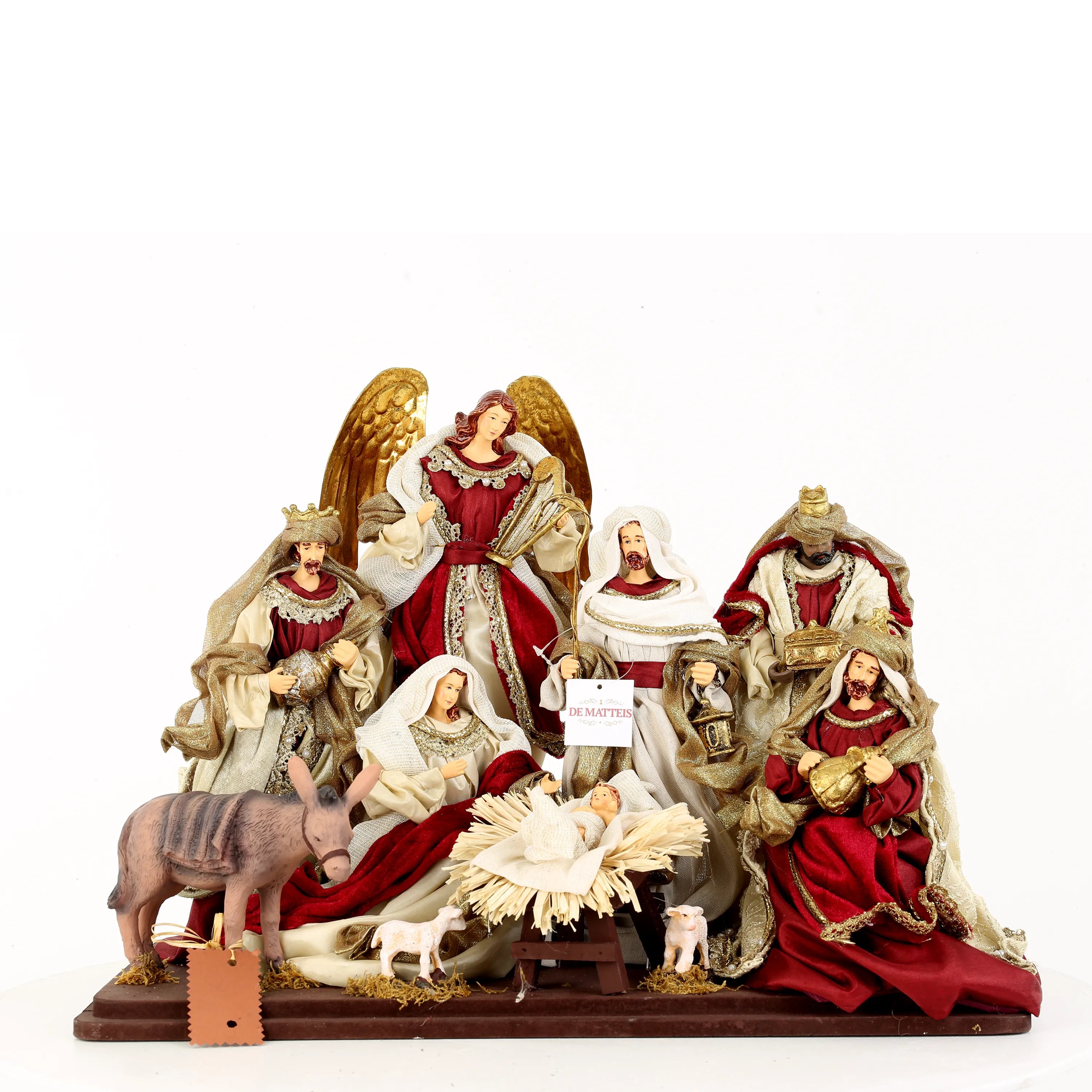 Natività Con Angelo Su Base Bordeaux 50x28x39 Cm