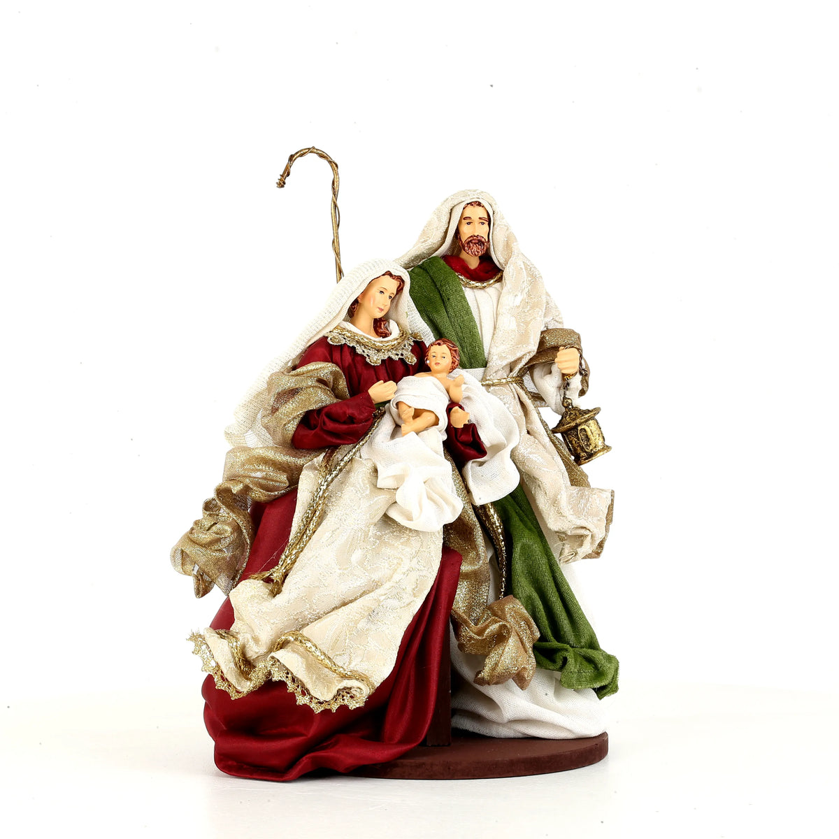 De Matteis, Natività su base verde bordeaux 23x17x29 cm con figure della Sacra Famiglia in tessuto ricamato oro, Giuseppe con bastone e lanterna - DeMatteis.it