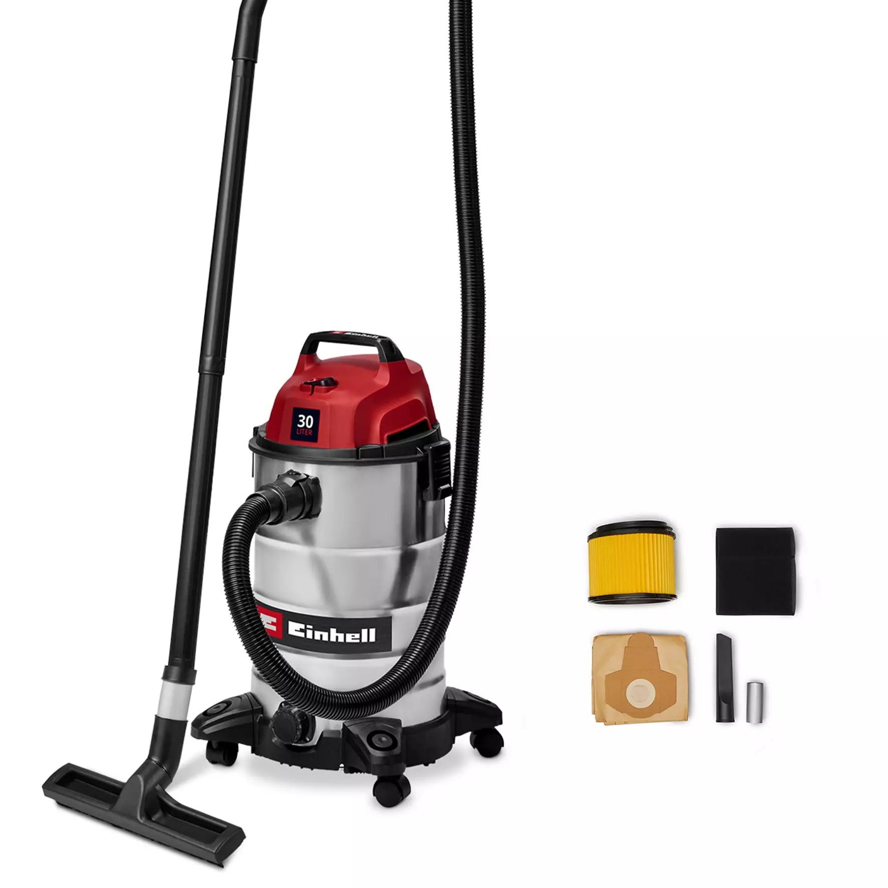 Einhell, Bidone Aspirasolidi E Liquidi Tc-Vc 3055 S con serbatoio in acciaio inox, corpo rosso e nero, tubo flessibile, spazzola e kit accessori inclusi - DeMatteis.it