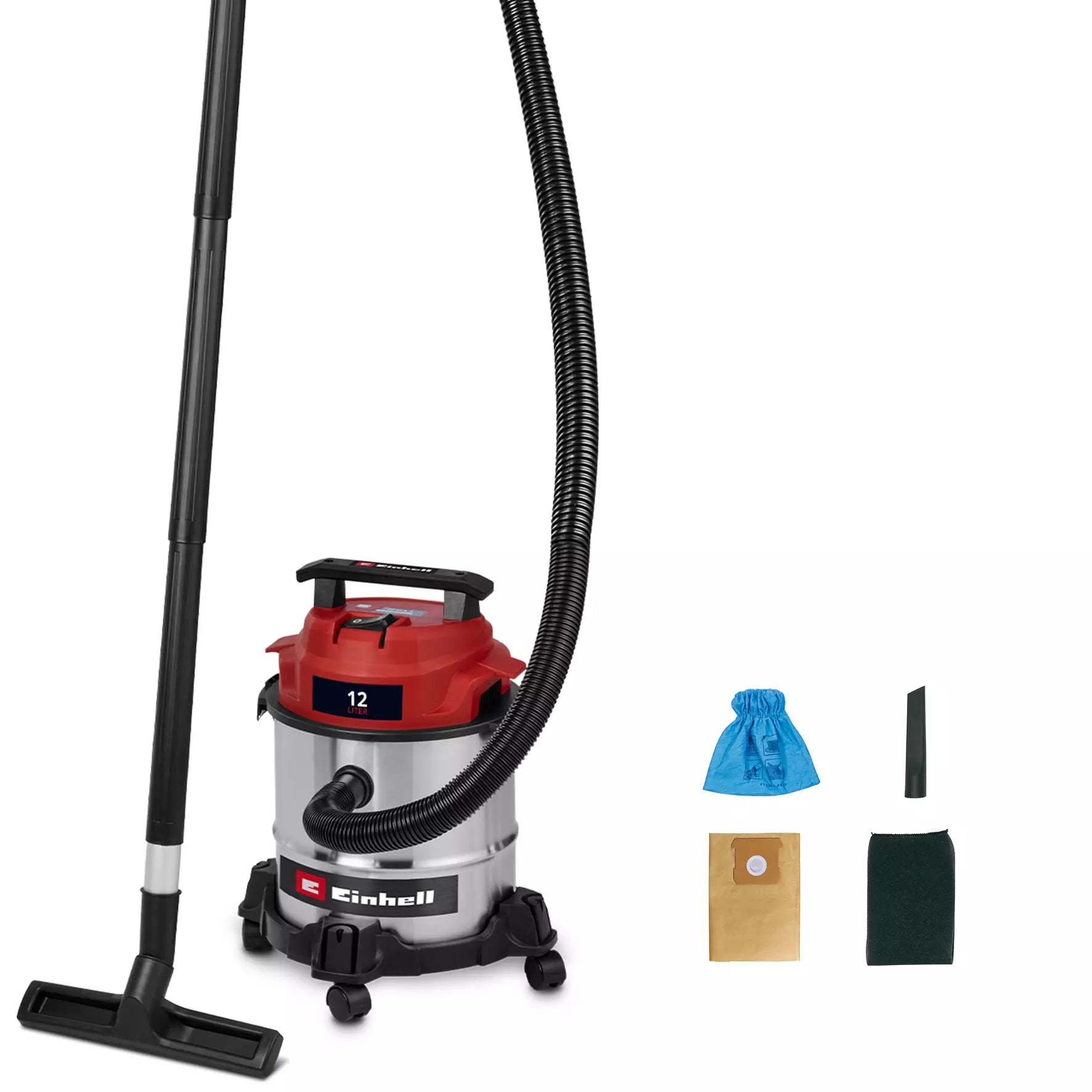 Einhell, Bidone Aspirasolidi E Liquidi Tc-Vc 1240 S con serbatoio inox e rosso, tubo flessibile nero, accessori di aspirazione e sacchetti filtro inclusi - DeMatteis.it