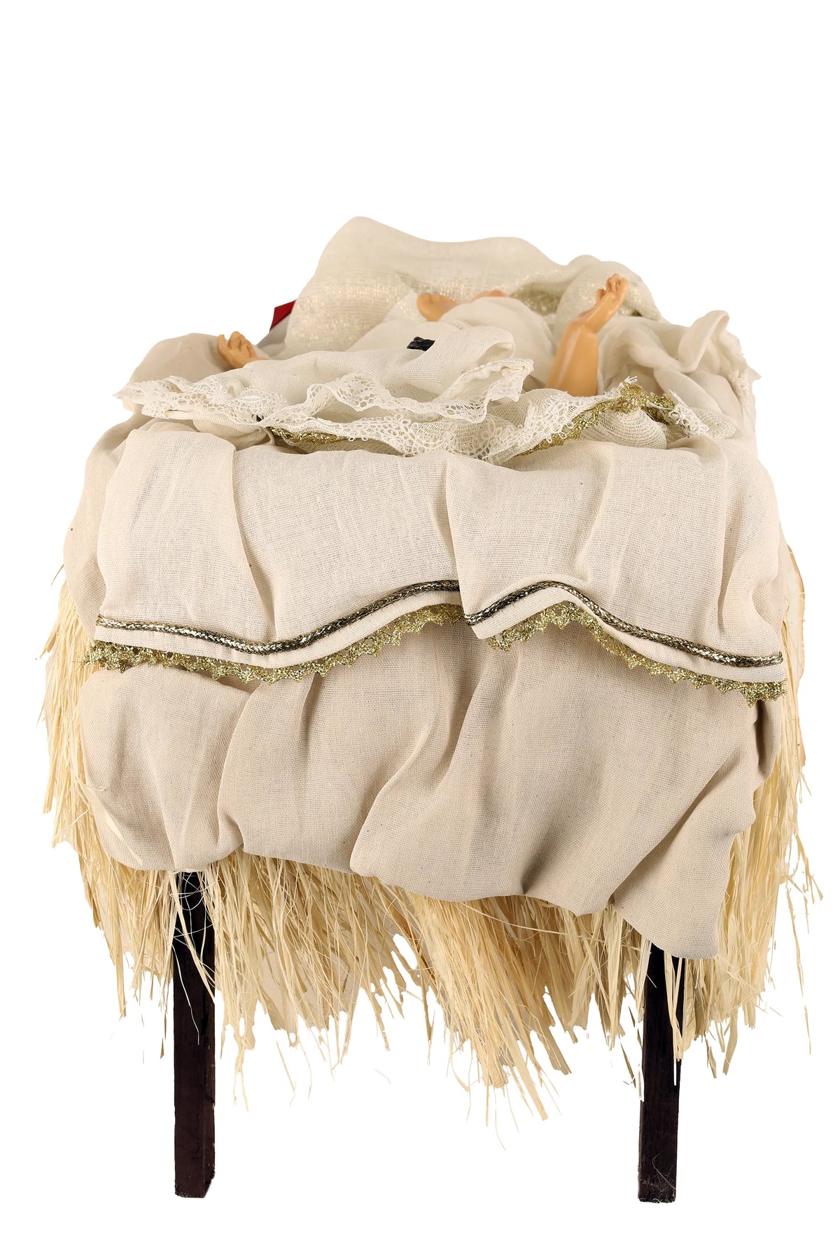 De Matteis, Gesù Bambino per natività 108 cm in culla di legno con tessuti beige, pizzi bianchi, passamanerie dorate e frange - DeMatteis.it