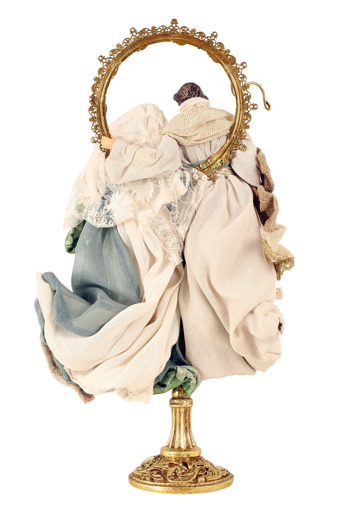 De Matteis, Natività Verde Su Base 50 cm con Sacra Famiglia riflessa in specchio ovale dorato su base decorata, abiti in tessuto beige e verde acqua - DeMatteis.it