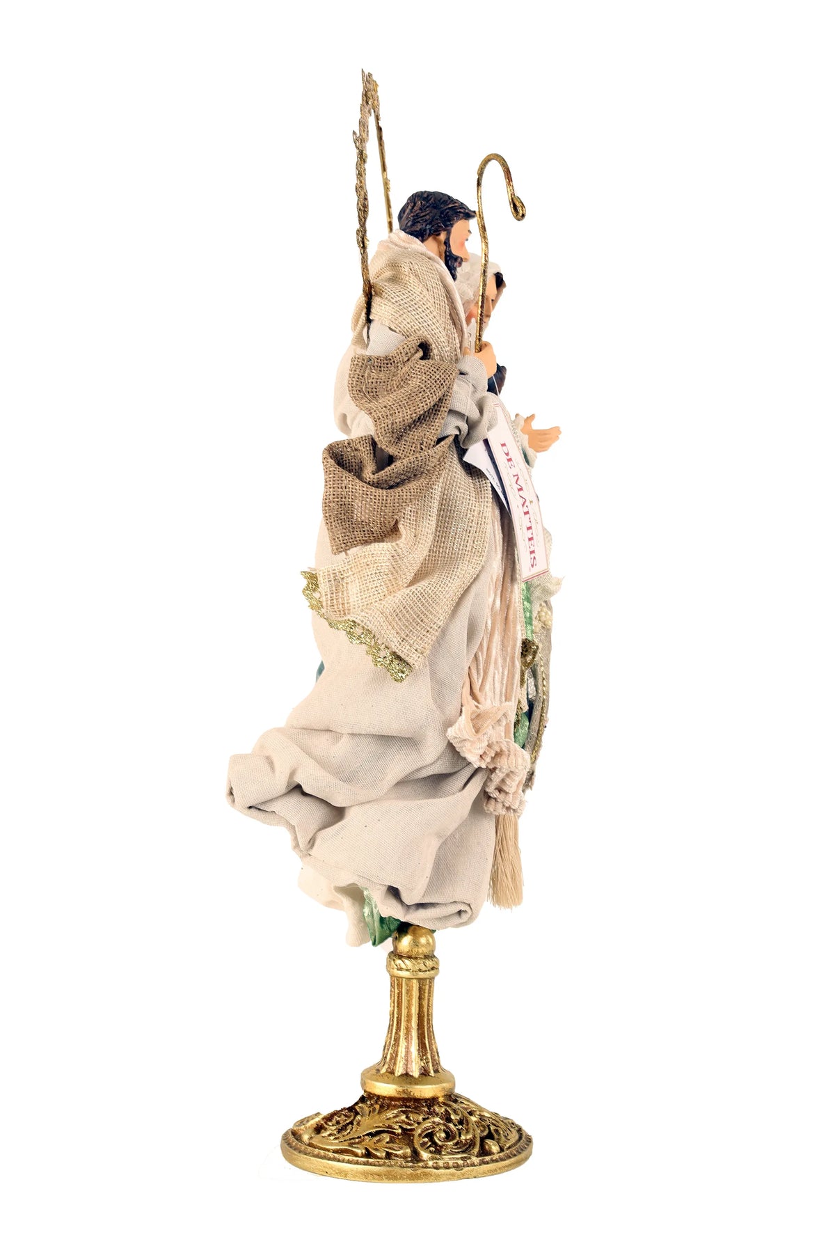 De Matteis, Natività Verde Su Base 50 cm con figure della Sacra Famiglia in tessuto beige e juta, vestiti drappeggiati e base dorata decorata - DeMatteis.it