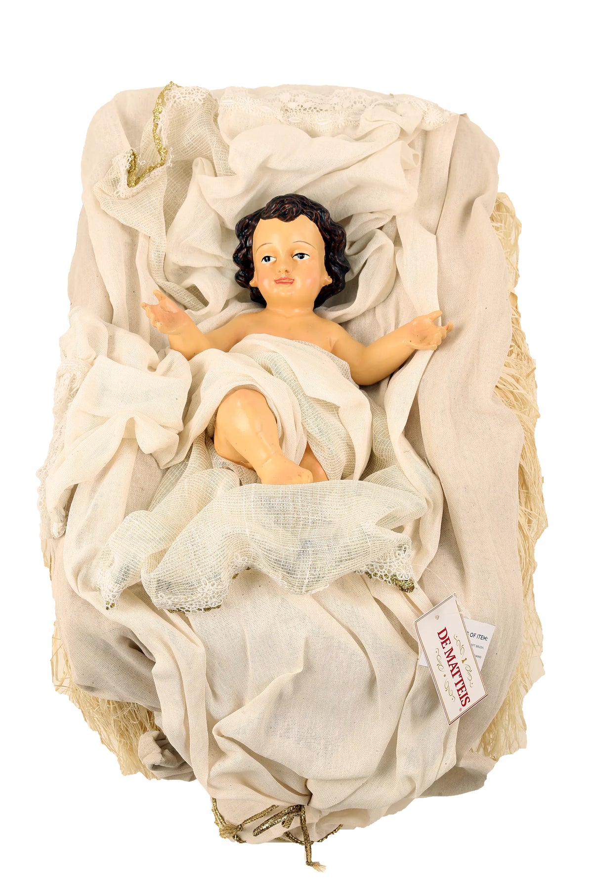 De Matteis, Natività 3 pezzi vestiti beige oro 108 cm con Bambino Gesù in culla di vimini intrecciata e tessuti beige con rifiniture dorate - DeMatteis.it