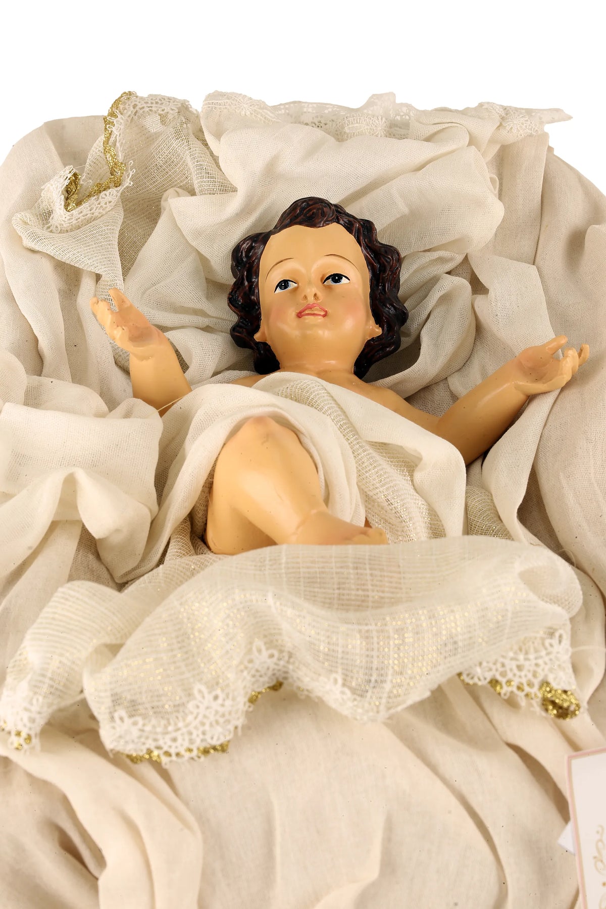 De Matteis, Natività 3 pezzi vestiti beige oro 108 cm con Gesù Bambino in tessuti pregiati color crema e finiture dorate ricamate - DeMatteis.it