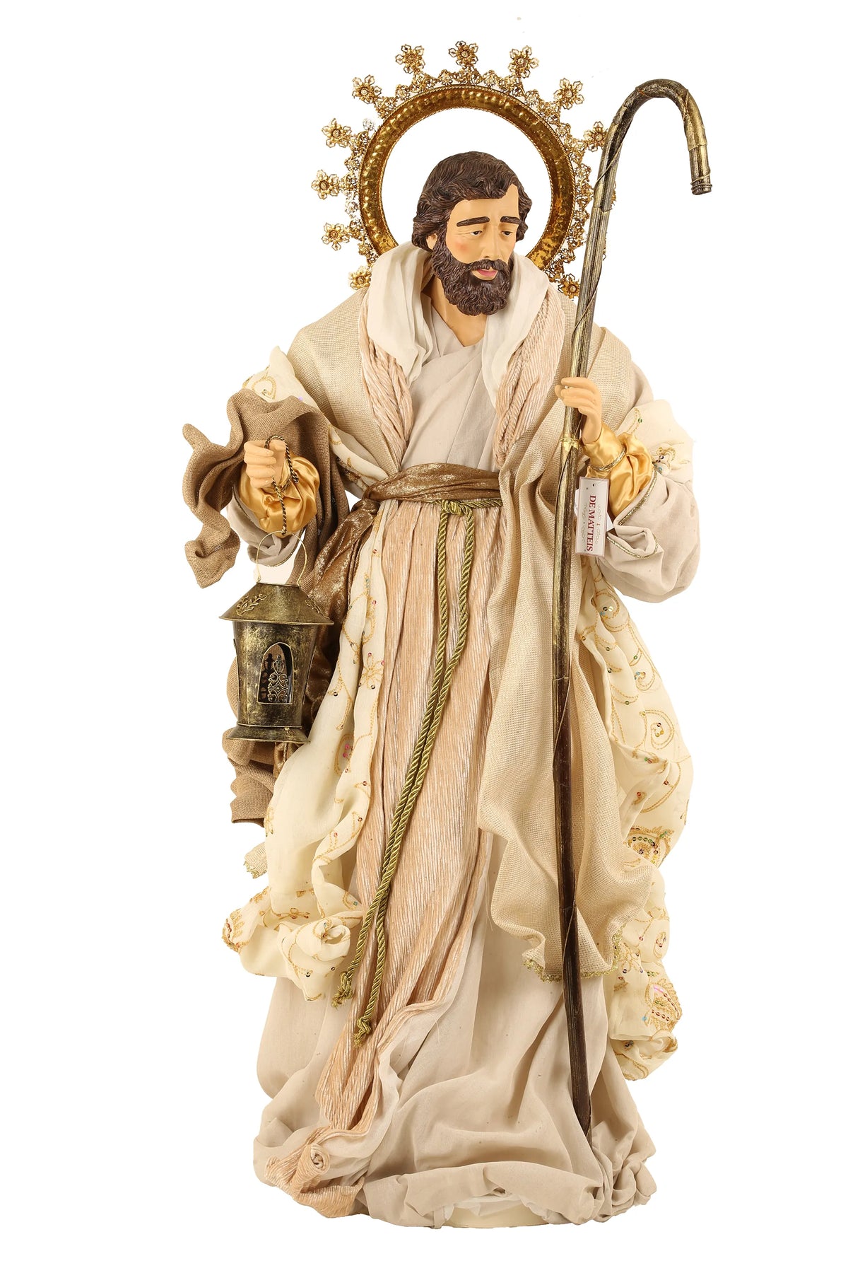 De Matteis, Natività 3 pezzi vestiti beige oro 108 cm con San Giuseppe in tessuto pregiato, aureola dorata decorata, bastone da pastore e lanterna - DeMatteis.it