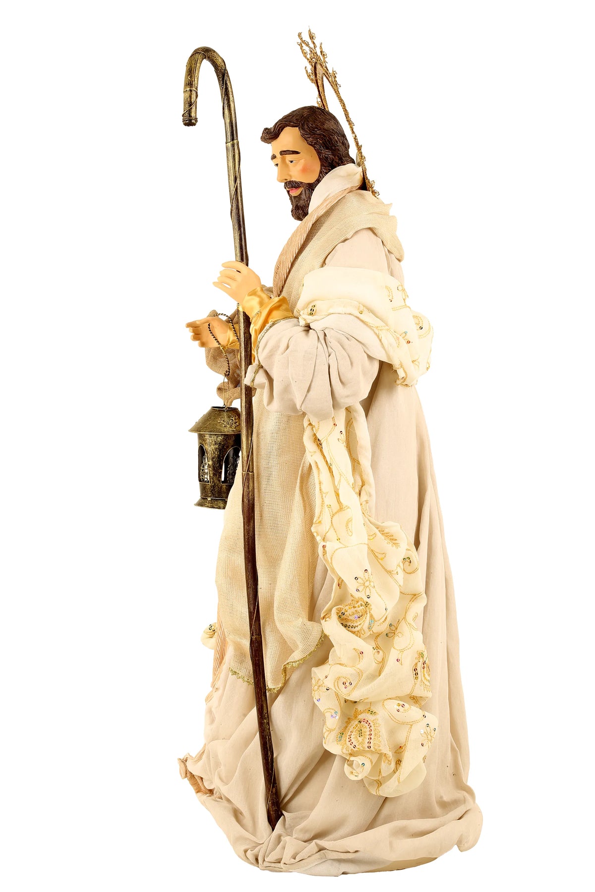 De Matteis, Natività 3 pezzi vestiti beige oro 108 cm con statuetta di pastore in tessuto beige ricamato con decorazioni dorate e bastone in legno - DeMatteis.it
