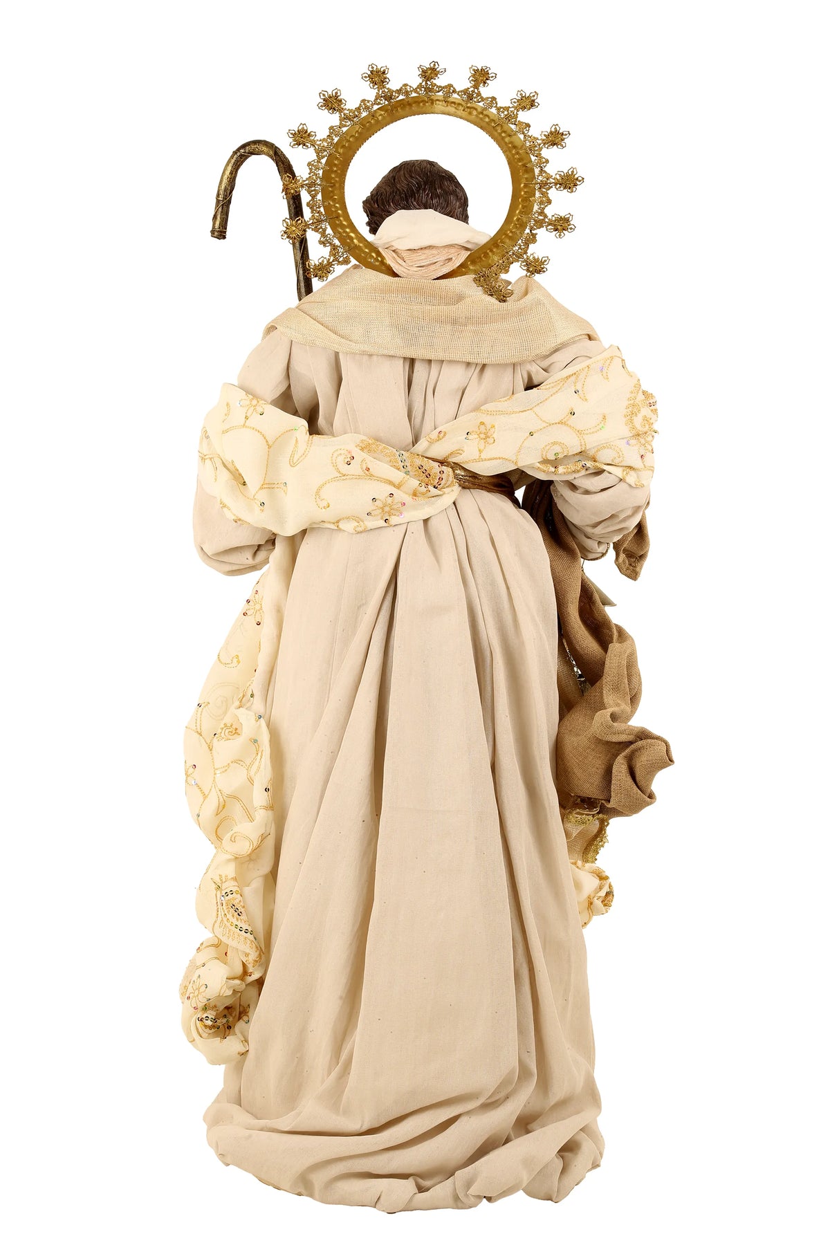 De Matteis, Natività 3 pezzi vestiti beige oro 108 cm con figura di San Giuseppe in tessuto beige e aureola dorata decorata con stelle metalliche - DeMatteis.it