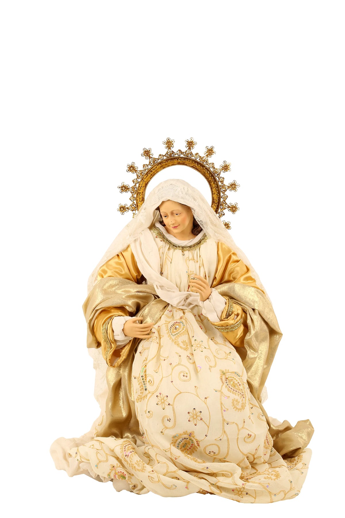 De Matteis, Natività 3 Pezzi Vestiti Beige Oro 108 cm Madonna in tessuto pregiato con aureola dorata decorata a stelle e ricami floreali dorati - DeMatteis.it
