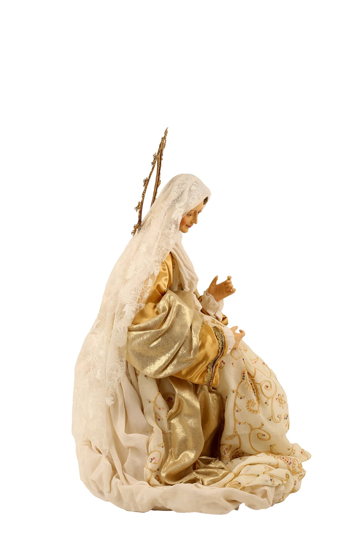 De Matteis, Natività 3 pezzi vestiti beige oro 108 cm con Madonna in tessuto dorato e beige ricamato, velo bianco e bastone pastorale - DeMatteis.it