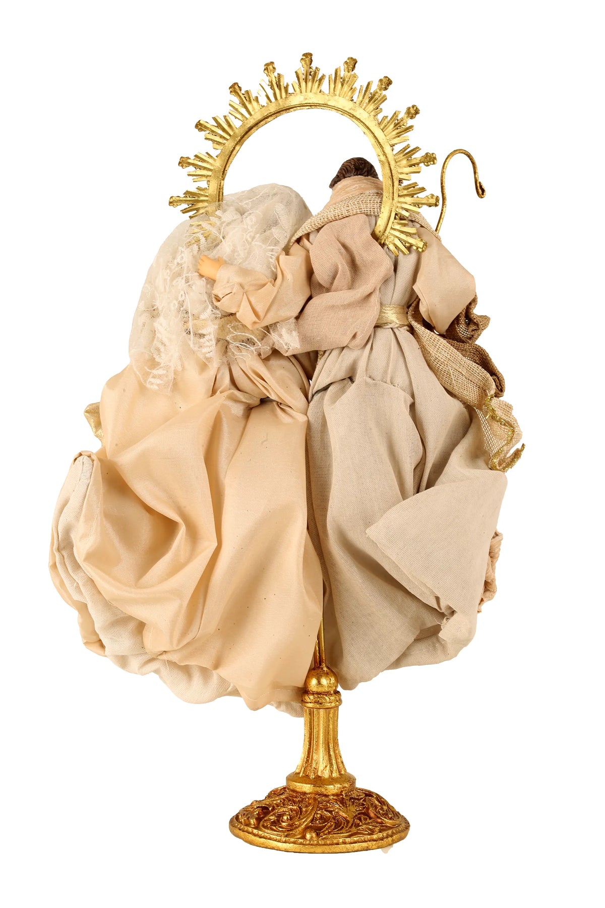 De Matteis, Natività beige oro su base 50 cm con Sacra Famiglia in tessuto beige, aureola dorata raggiata e base decorativa dorata - DeMatteis.it