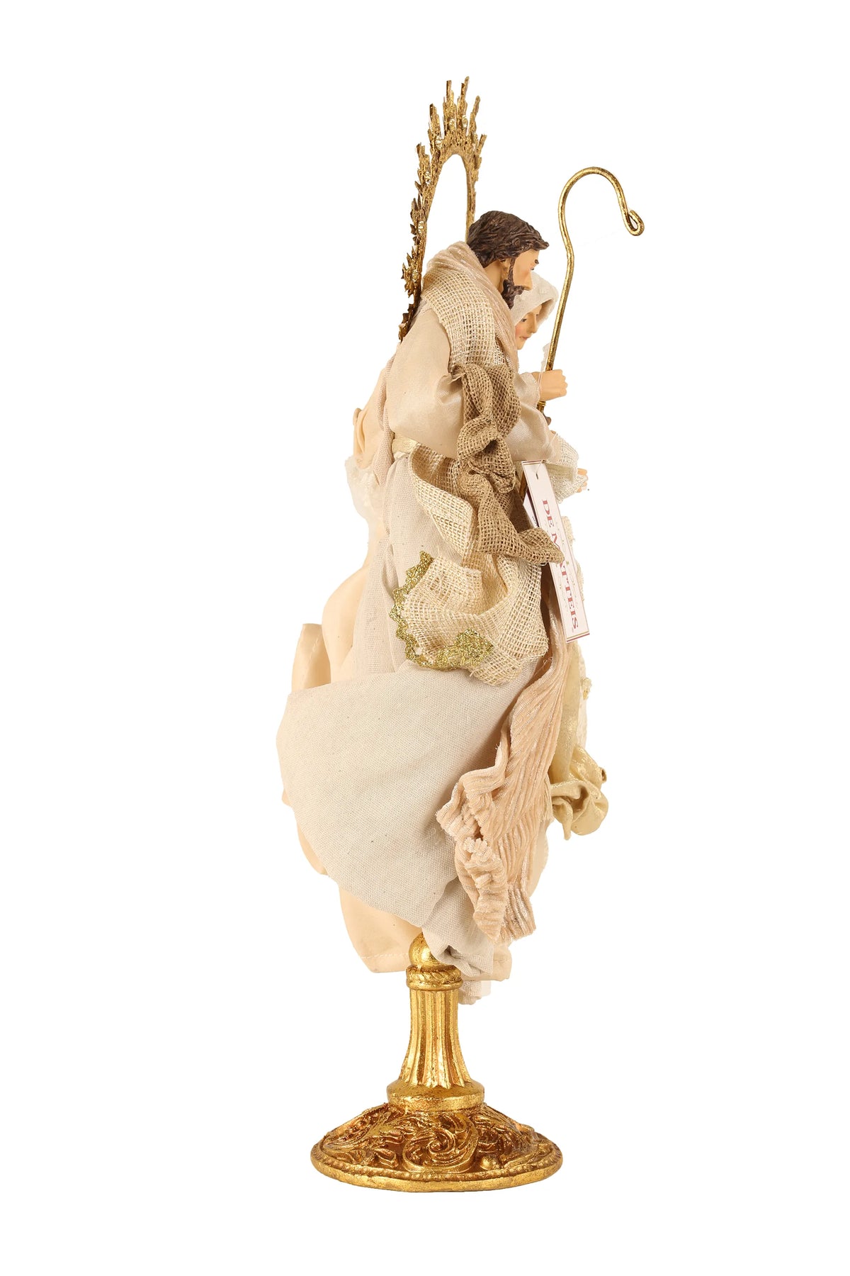 De Matteis, Natività beige oro su base 50 cm con figure in tessuto e veli, aureola dorata decorata e base ornamentale dorata per presepe - DeMatteis.it
