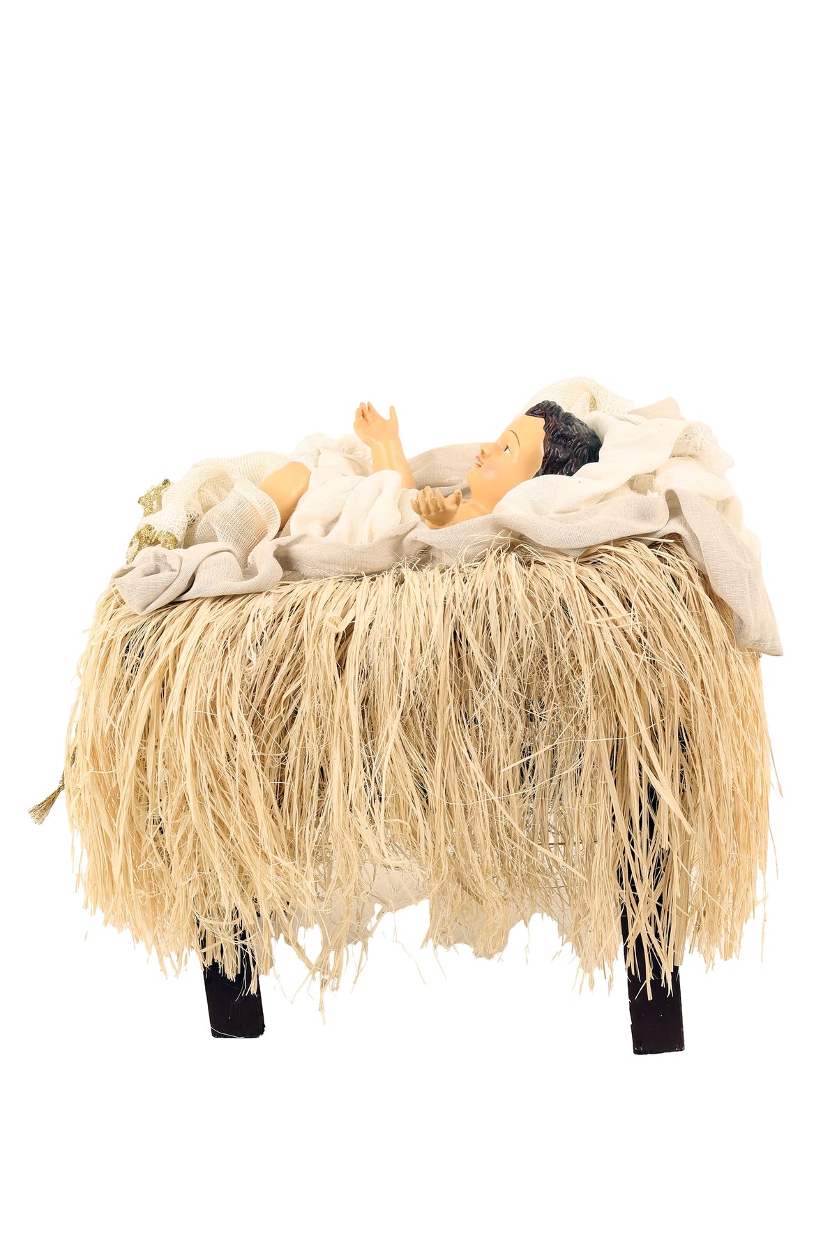 De Matteis, Natività 6 pezzi Lailah vestiti colorati 90 cm con Bambino Gesù in culla di paglia naturale su struttura in legno con gambe nere - DeMatteis.it
