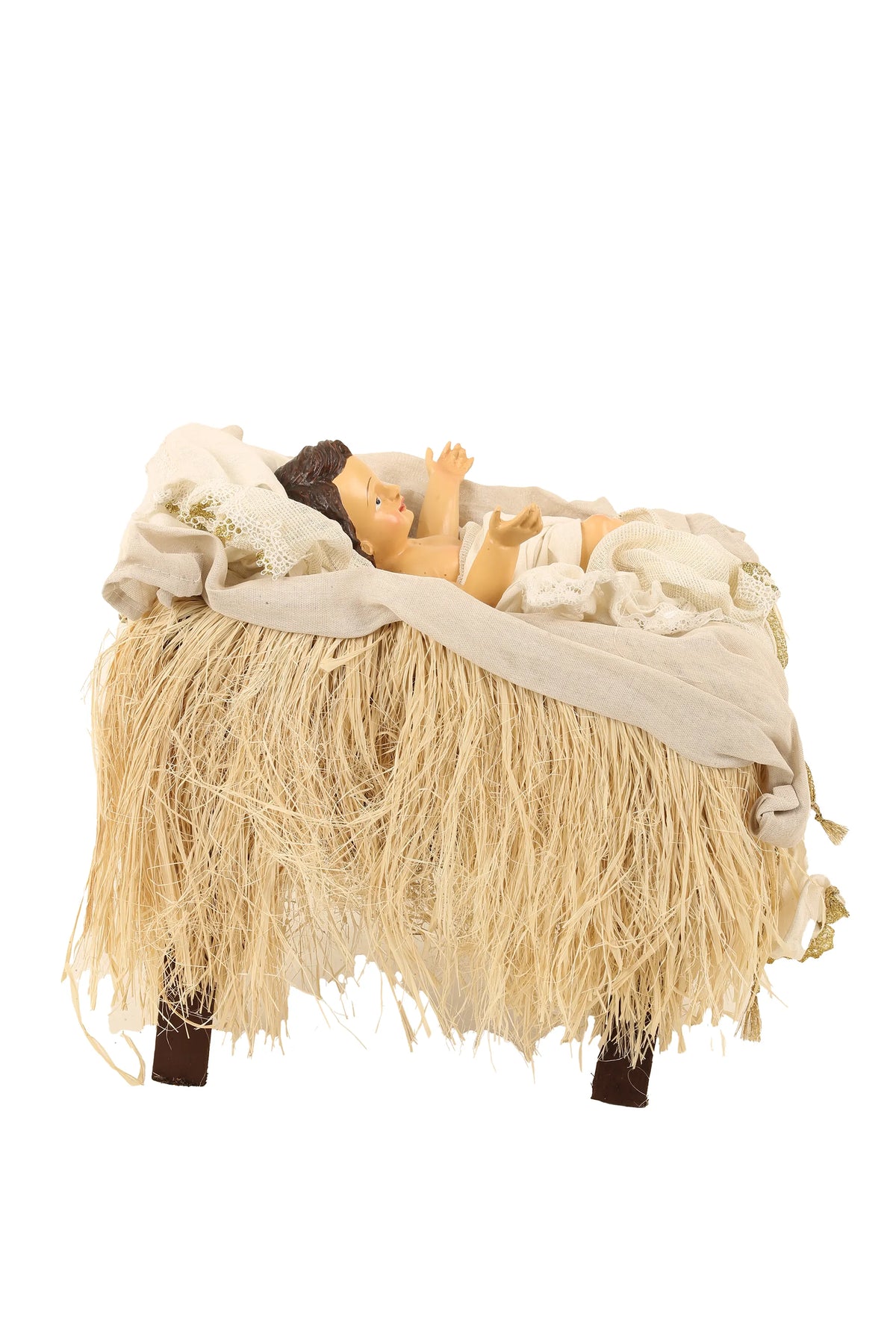 De Matteis, Natività 6 Pezzi Lailah Vestiti Colorati 90 cm con mangiatoia in legno naturale rivestita di paglia e tessuti bianchi contenente le statuine sacre - DeMatteis.it