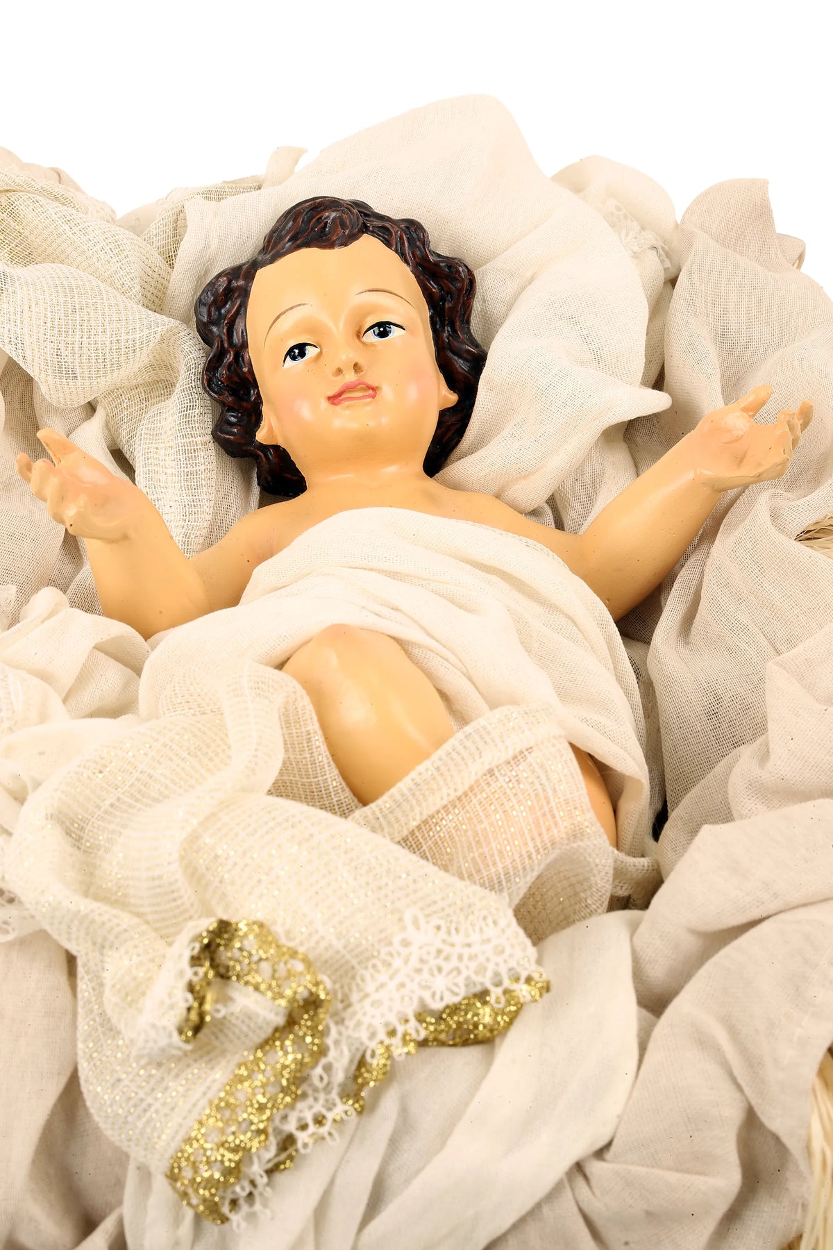 De Matteis, Natività 6 Pezzi Lailah Vestiti Colorati 90 cm con Gesù Bambino in tessuto bianco con decorazioni dorate ricamate e capelli ricci castani - DeMatteis.it