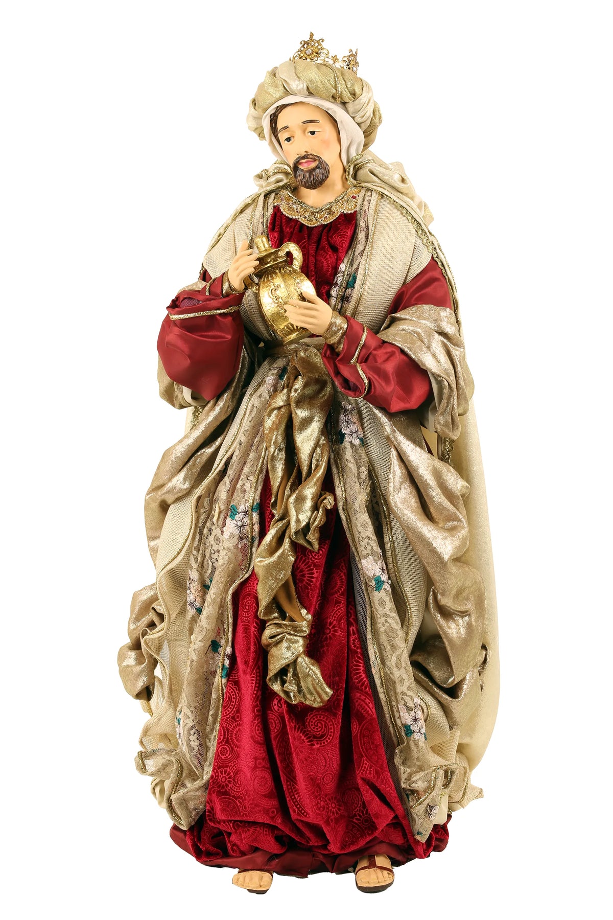 De Matteis, Natività 6 Pezzi Lailah Vestiti Colorati 90 cm raffigurante Re Magio con corona dorata, vesti rosse e oro ricamate, mantello decorato e vaso ornato - DeMatteis.it