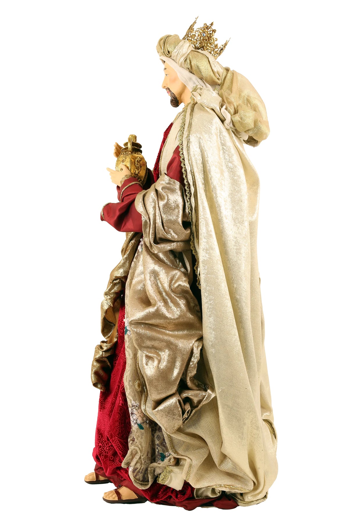 De Matteis, Natività 6 Pezzi Lailah Vestiti Colorati 90 cm con figure dei Re Magi in tessuto dorato e rosso bordeaux con corone dorate elaborate - DeMatteis.it