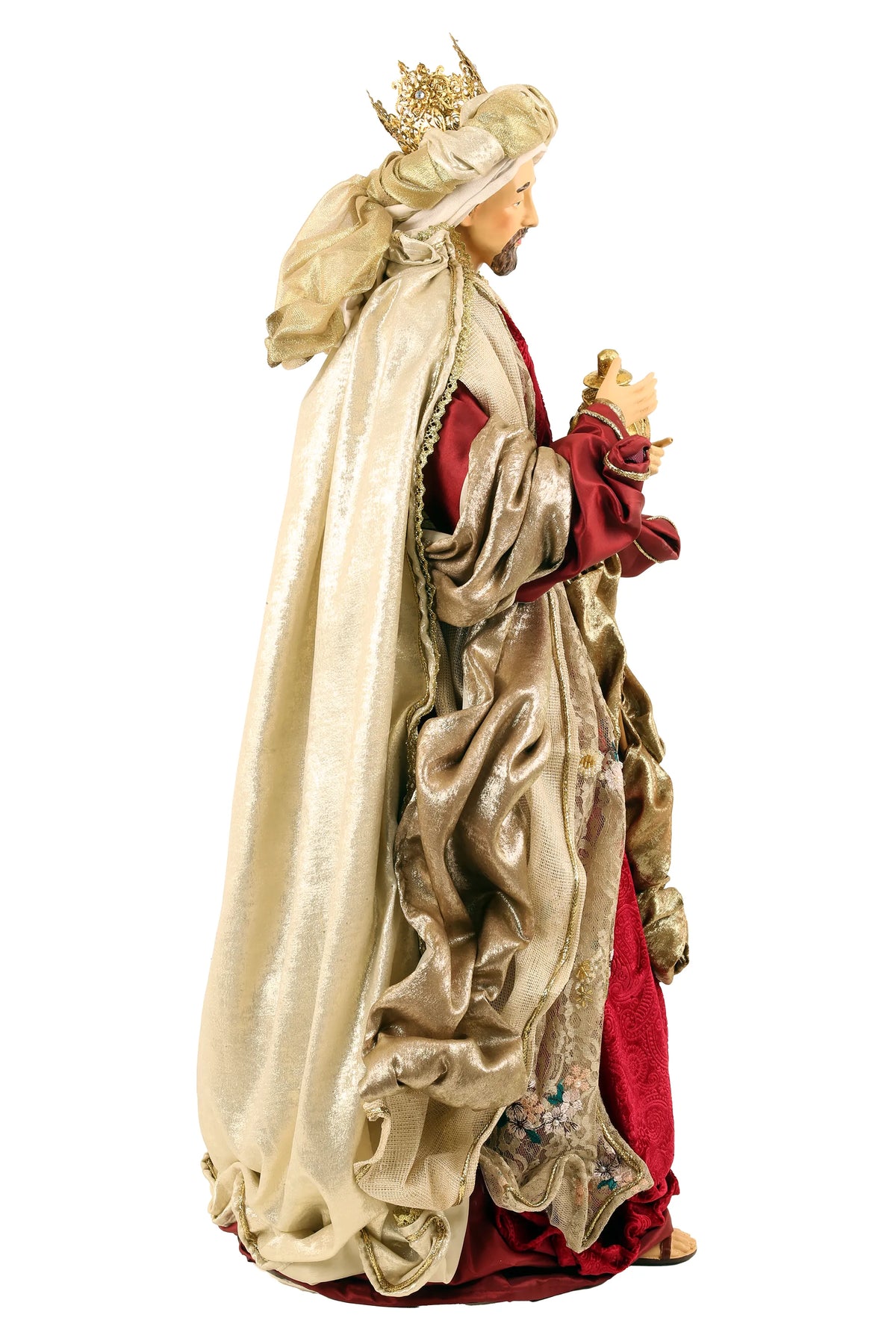 De Matteis, Natività 6 Pezzi Lailah Vestiti Colorati 90 cm con re magio in mantello dorato e tunica rossa con corona decorata e dettagli in tessuto pregiato - DeMatteis.it