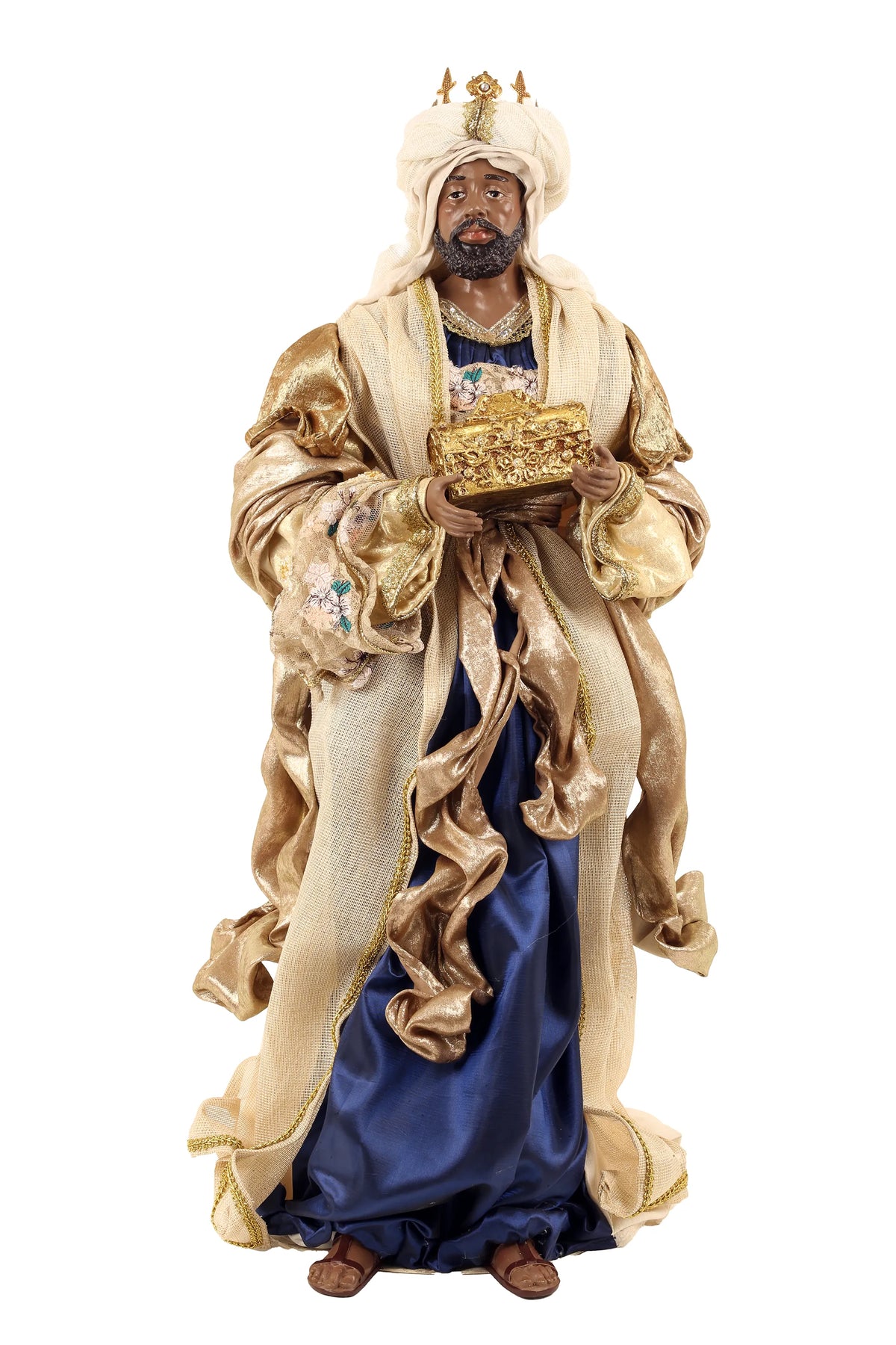 De Matteis, Natività 6 pezzi Lailah vestiti colorati 90 cm con Re Magio in abiti dorati e blu, turbante bianco decorato e cofanetto dell'oro - DeMatteis.it
