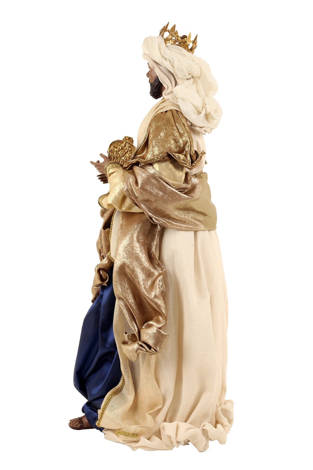 De Matteis, Natività 6 Pezzi Lailah Vestiti Colorati 90 cm con figure in tessuto pregiato dorato e blu, dettagli corona dorata e velo bianco - DeMatteis.it