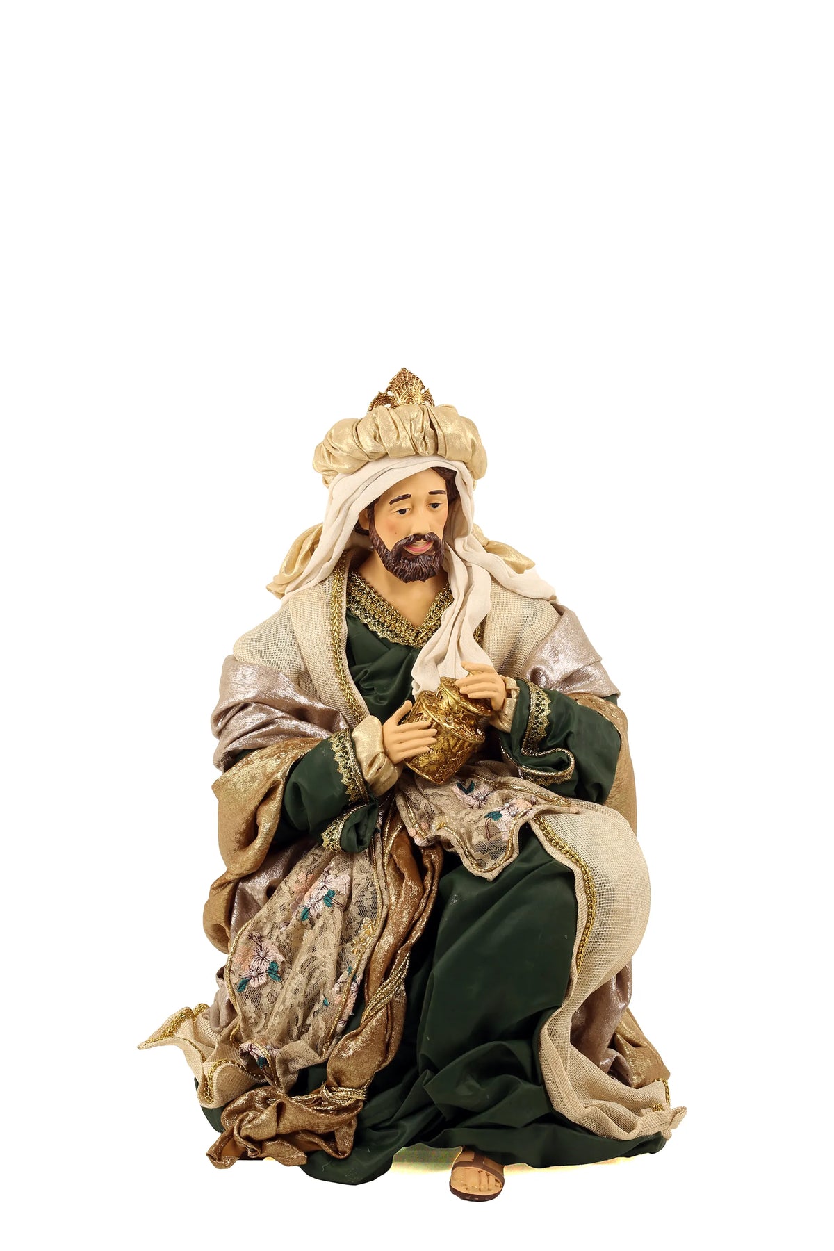 De Matteis, Natività 6 Pezzi Lailah Vestiti Colorati 90 cm con Re Magio in tunica verde e mantello beige riccamente decorati con finiture dorate - DeMatteis.it