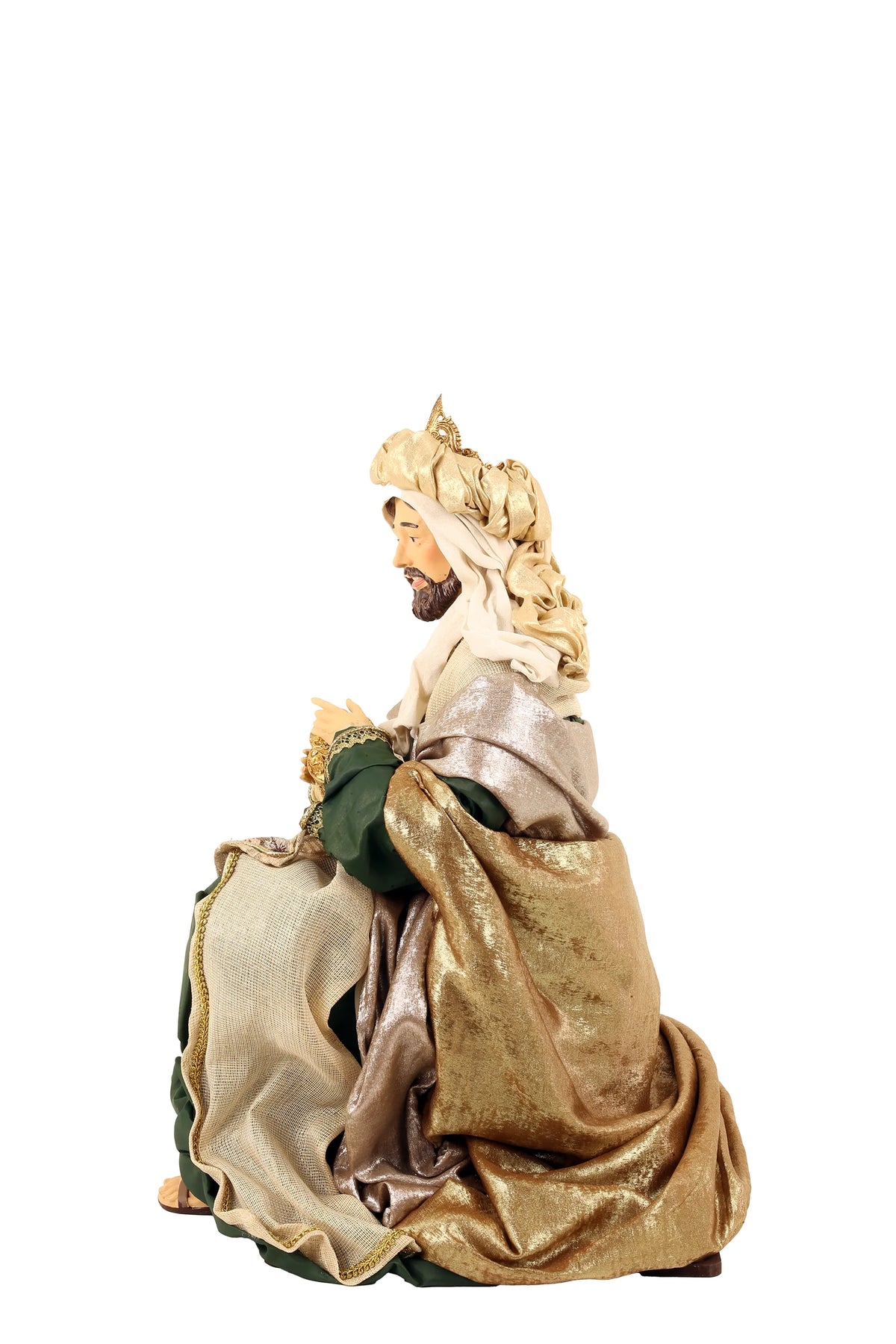 De Matteis, Natività 6 pezzi Lailah vestiti colorati 90 cm con figure in tessuti pregiati dorati e verde smeraldo con rifiniture metalliche dorate - DeMatteis.it