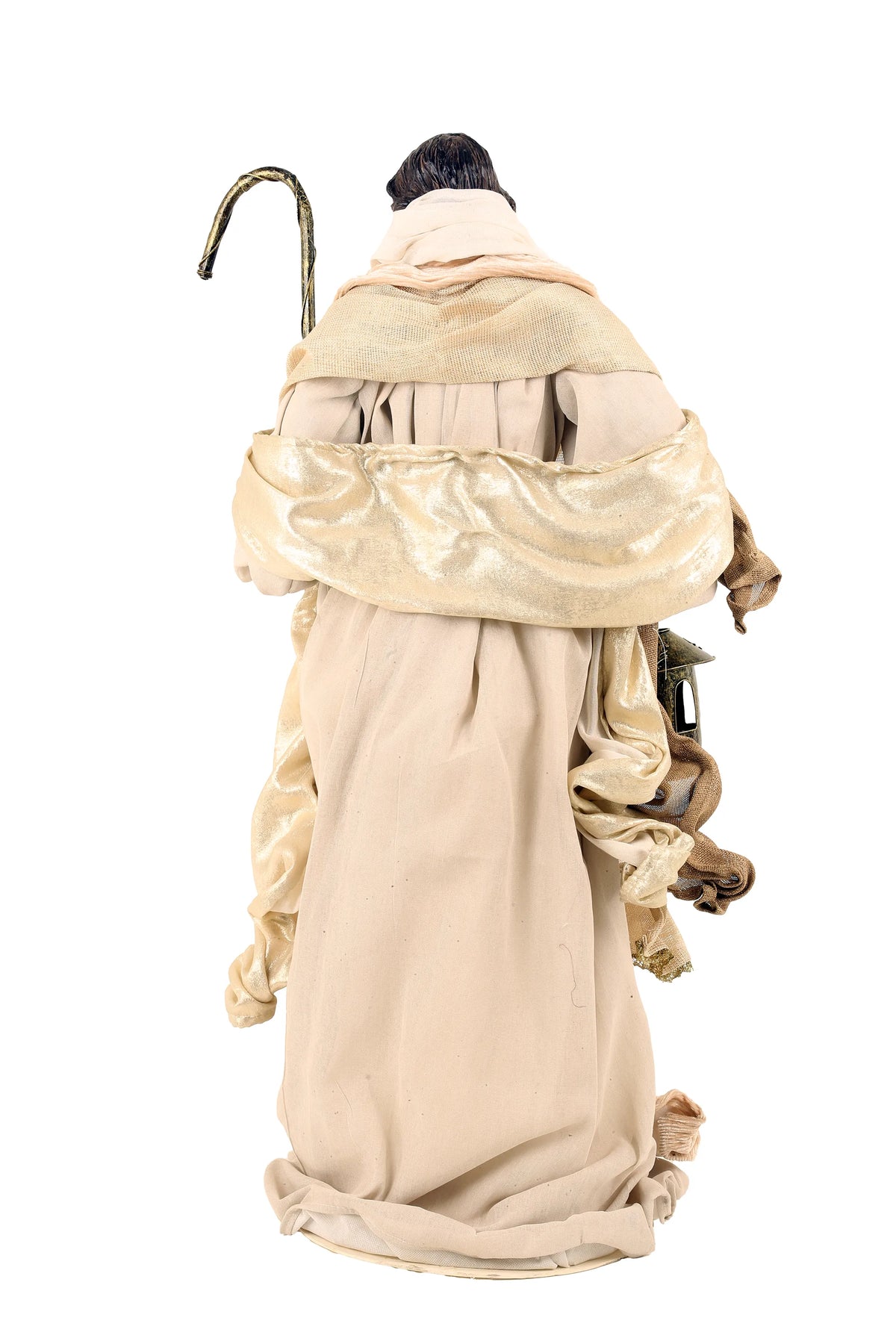 De Matteis, Natività 6 pezzi Lailah vestiti colorati 90 cm vista posteriore del pastore con bastone in legno, vesti in tessuto beige e fascia dorata - DeMatteis.it