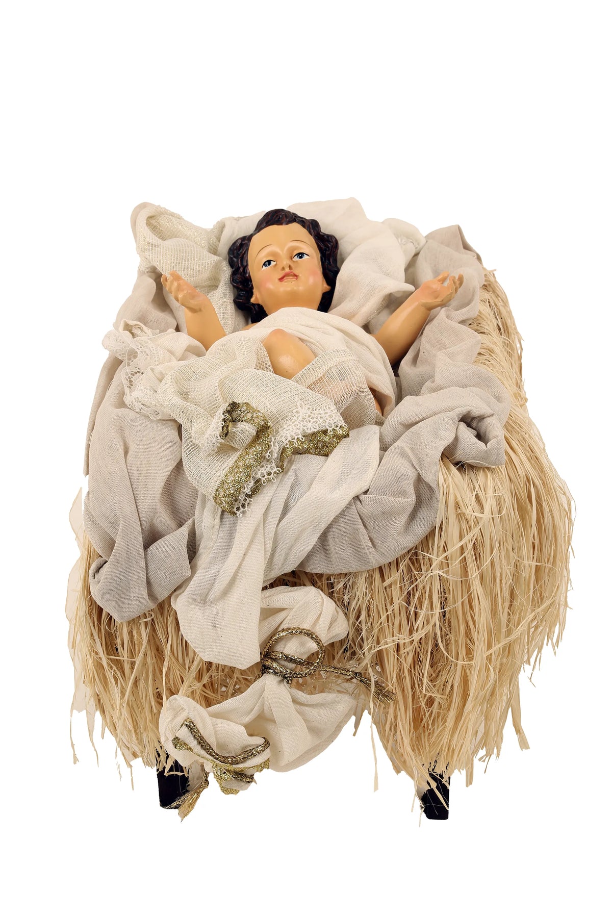 De Matteis, Natività 6 pezzi Lailah vestiti colorati 90 cm con Bambino Gesù in culla di vimini con vestine beige e dettagli dorati ricamati - DeMatteis.it