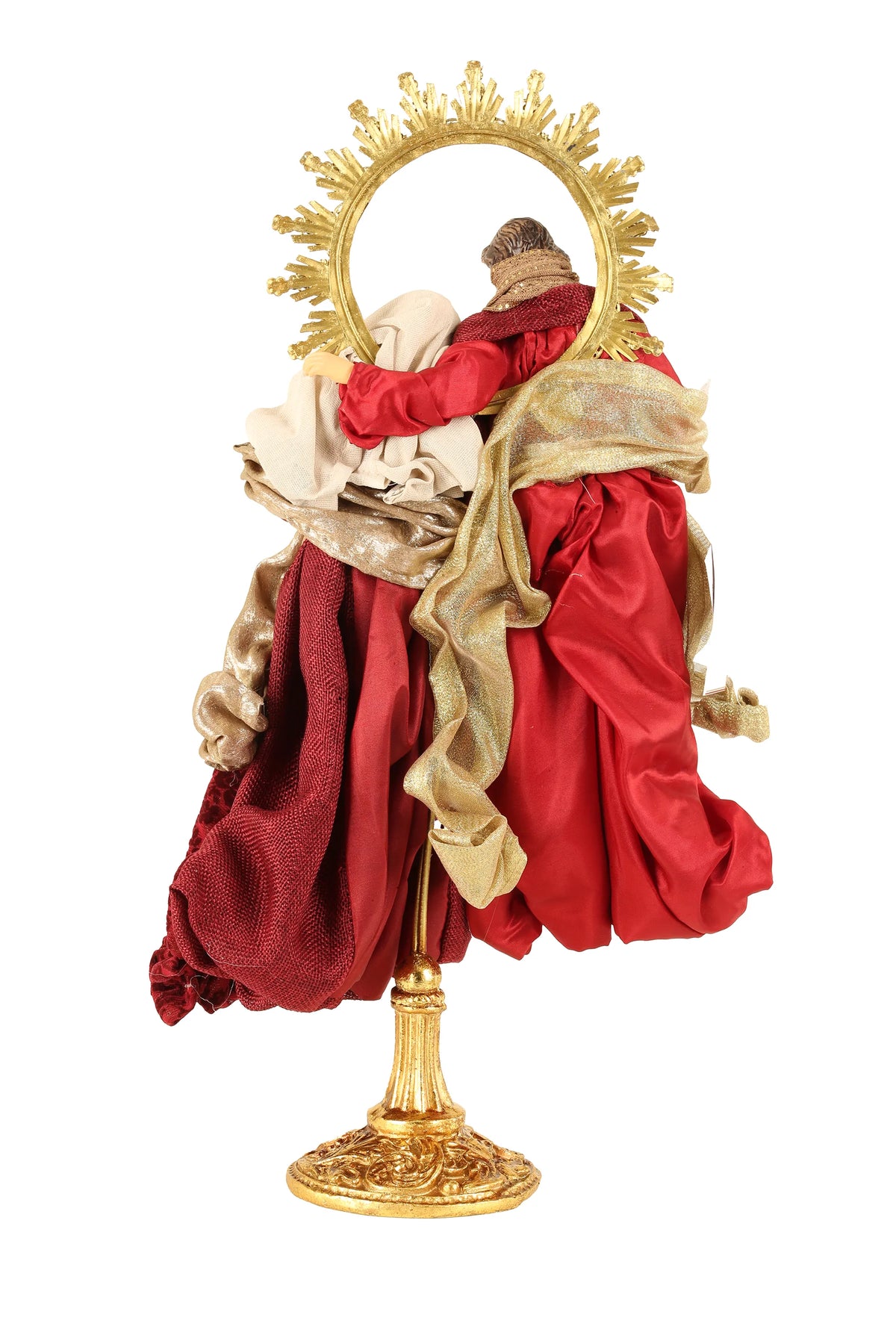 De Matteis, Natività borgogna su base 50 cm con Sacra Famiglia in vesti rosse e dorate su base dorata decorata con raggiera luminosa - DeMatteis.it