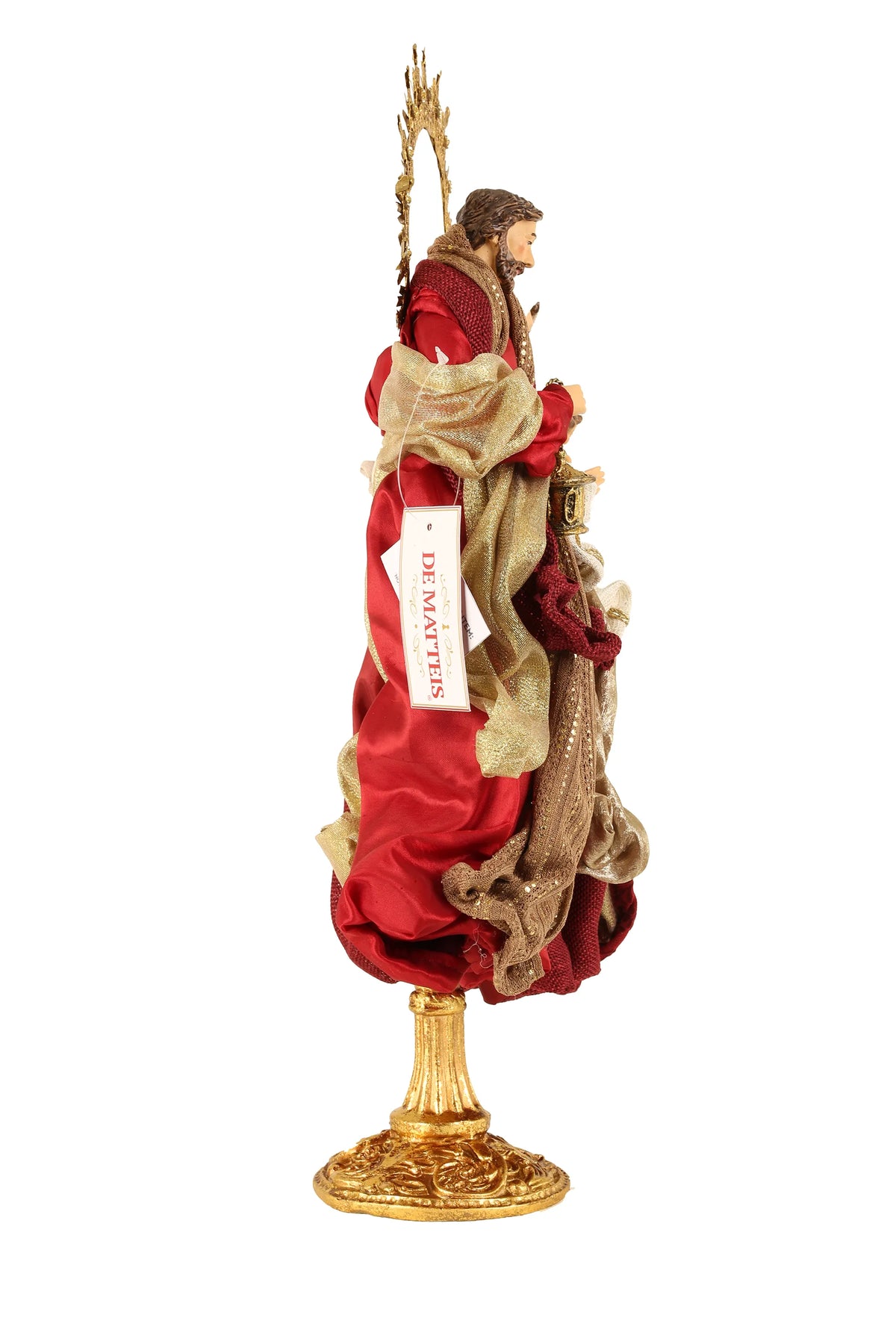De Matteis, Natività Borgogna su base 50 cm con figure in tessuto rosso e oro, bastoni dorati decorativi e base ornata dorata - DeMatteis.it