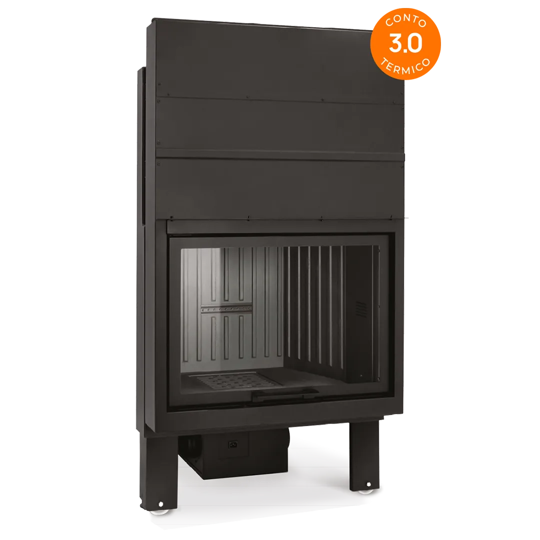 Focolare da incasso Climacalor Monoblocco 80 Confort 3.0 in acciaio nero con anta saliscendi in vetro ceramico e camera di combustione in ghisa e fibra ceramica | DeMatteis.it