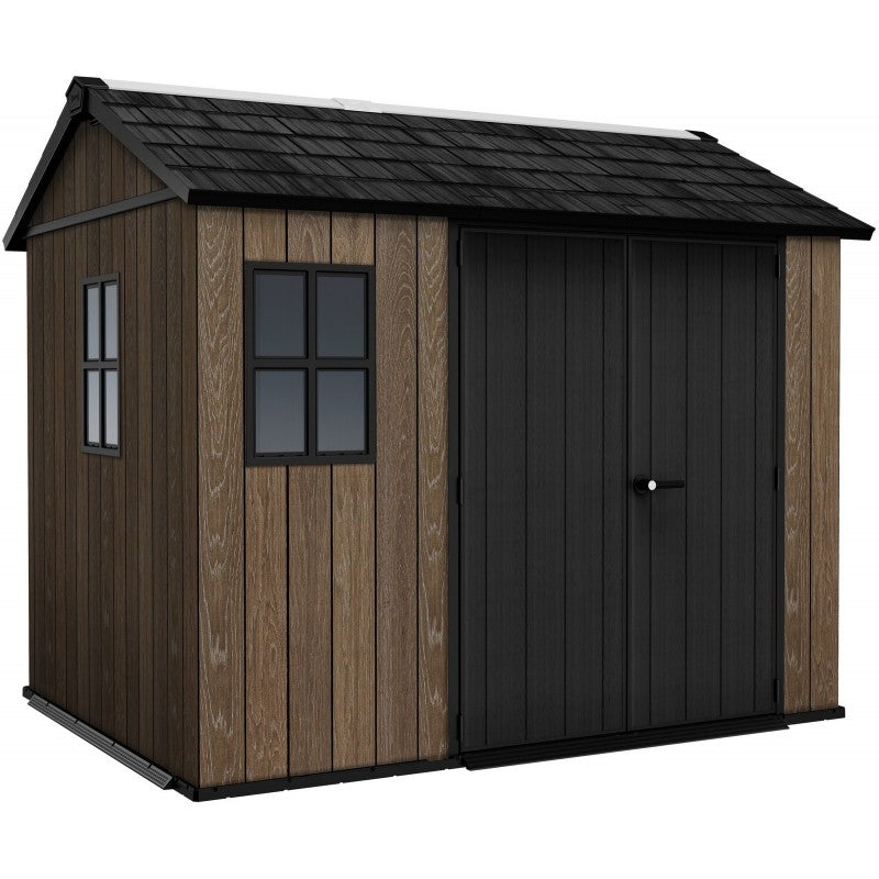 Keter, Casetta da giardino Apex 759/975 Noce in resina effetto legno con pannelli verticali, tetto a falde grigio scuro, finestra laterale e porta antracite - DeMatteis.it