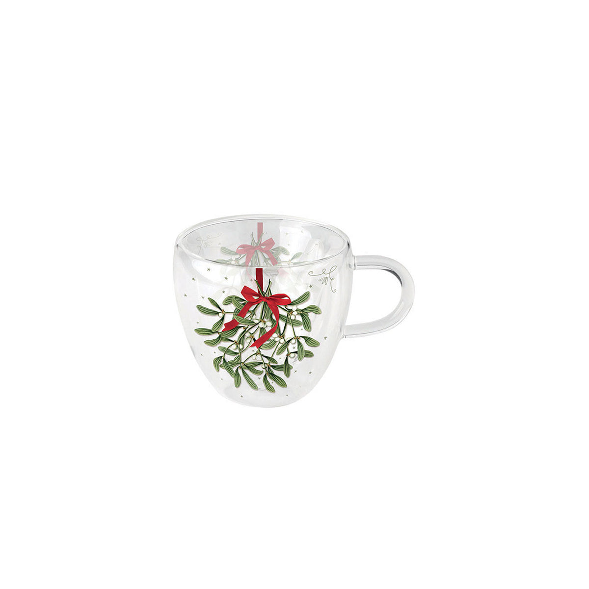 Mug in vetro da 0,2 l con decorazione natalizia vischio e fiocco per bevande calde - DeMatteis.it