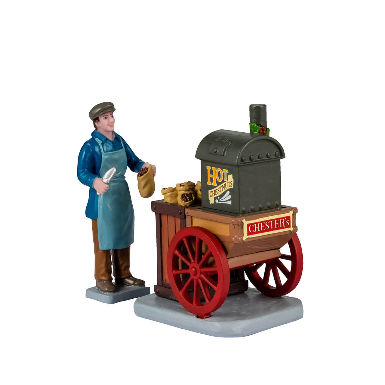 Chester's Hot Chestnuts Lemax set decorativo con venditore e carretto per caldarroste in miniatura - DeMatteis.it