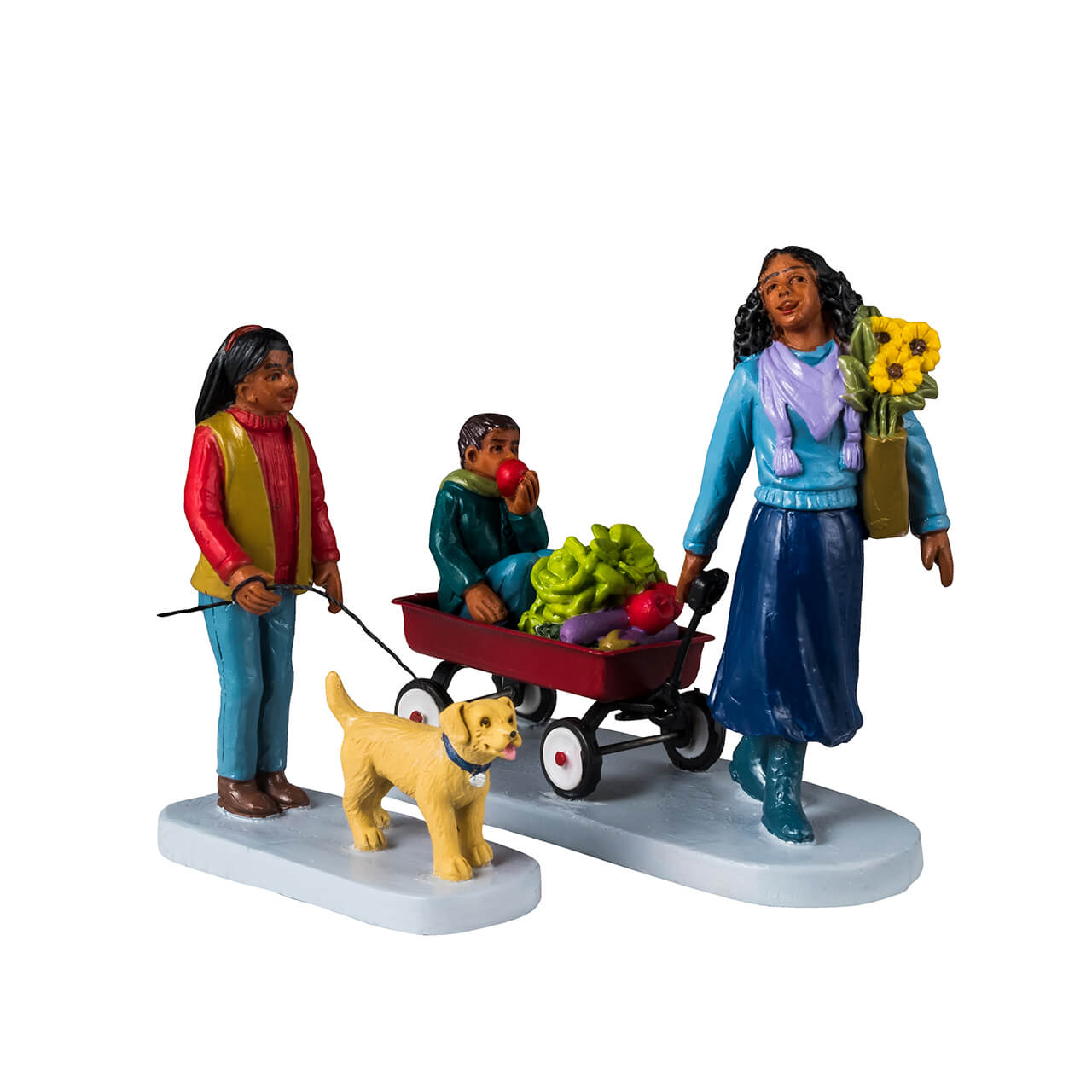 Farmer's Market Saturday Set Of 2 Lemax figurine decorative famiglia al mercato con carrello verdura e cane - DeMatteis.it