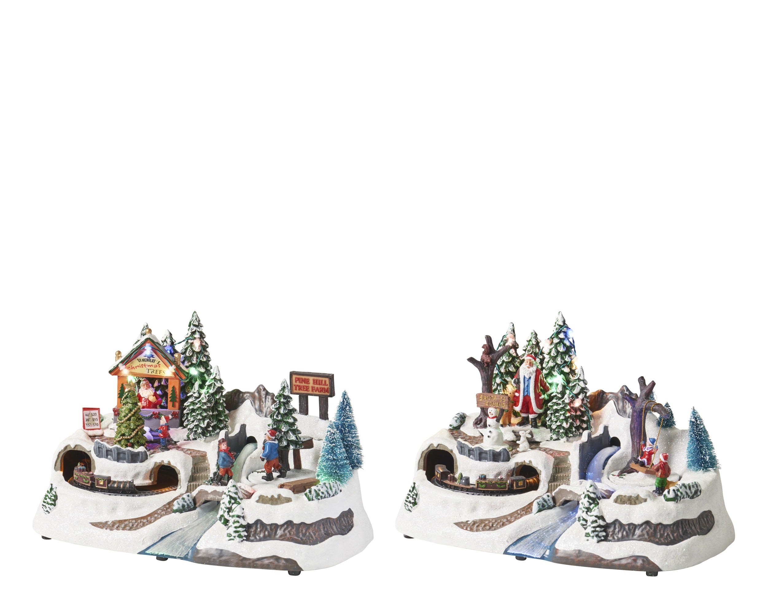 Kaemingk, Scena Natalizia con Fiume 19x31x20 cm, ambientazione Lemax con Babbo Natale, pupazzo di neve, trenino e alberelli innevati, illuminazione a LED - DeMatteis.it