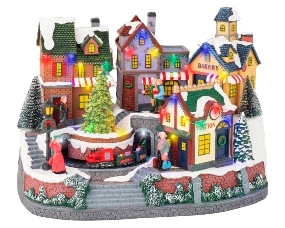 Villaggio Natalizio Città decorativo con casette illuminate e trenino, dimensioni 22,8 x 34,8 x 25,3 cm per addobbi natalizi - DeMatteis.it