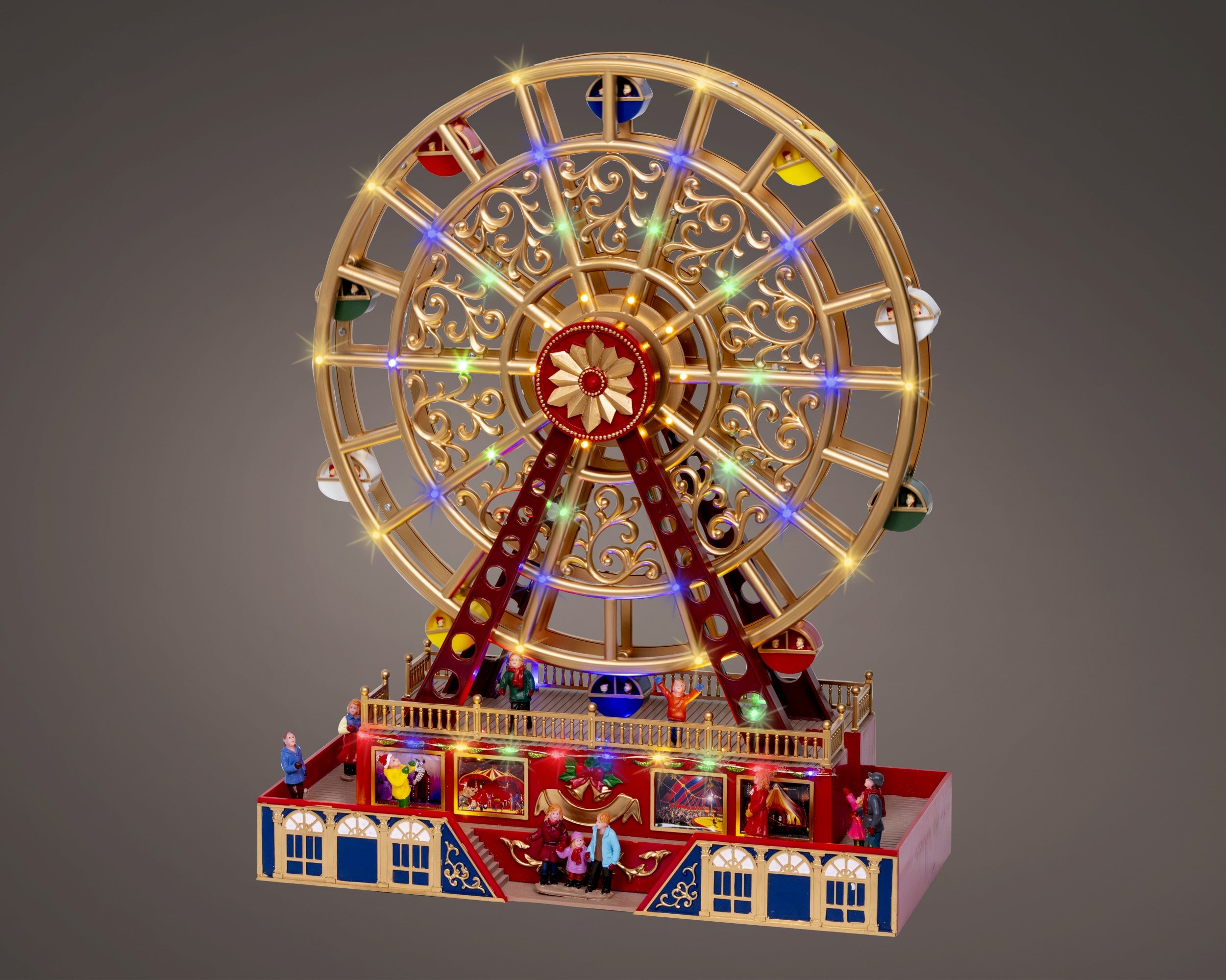 Kaemingk, Ruota Panoramica Rossa e Gialla 18x38x48 cm ambientazione Lemax con luci LED multicolore, cabine decorate e personaggi in miniatura sulla base - DeMatteis.it
