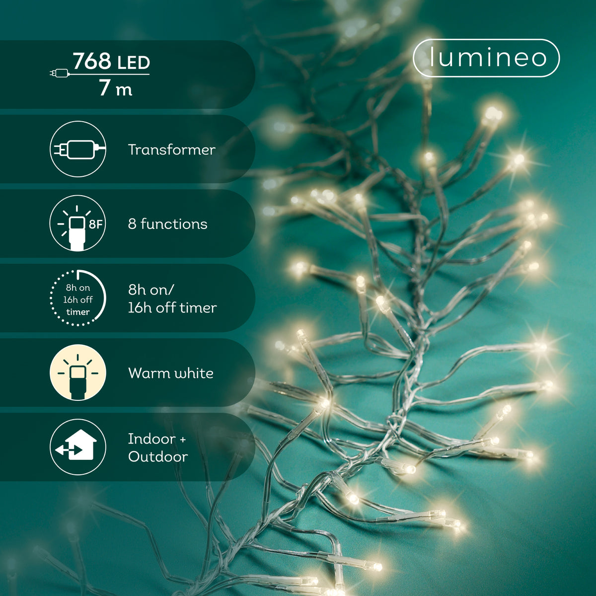Luci Natale Cluster 768 Led Caldo Naturale Cavo Trasparente