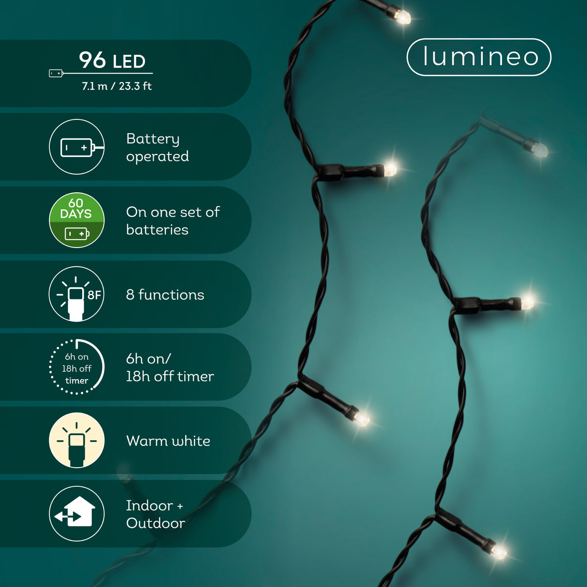 Luci Natale Batteria 96 Led Luce Calda