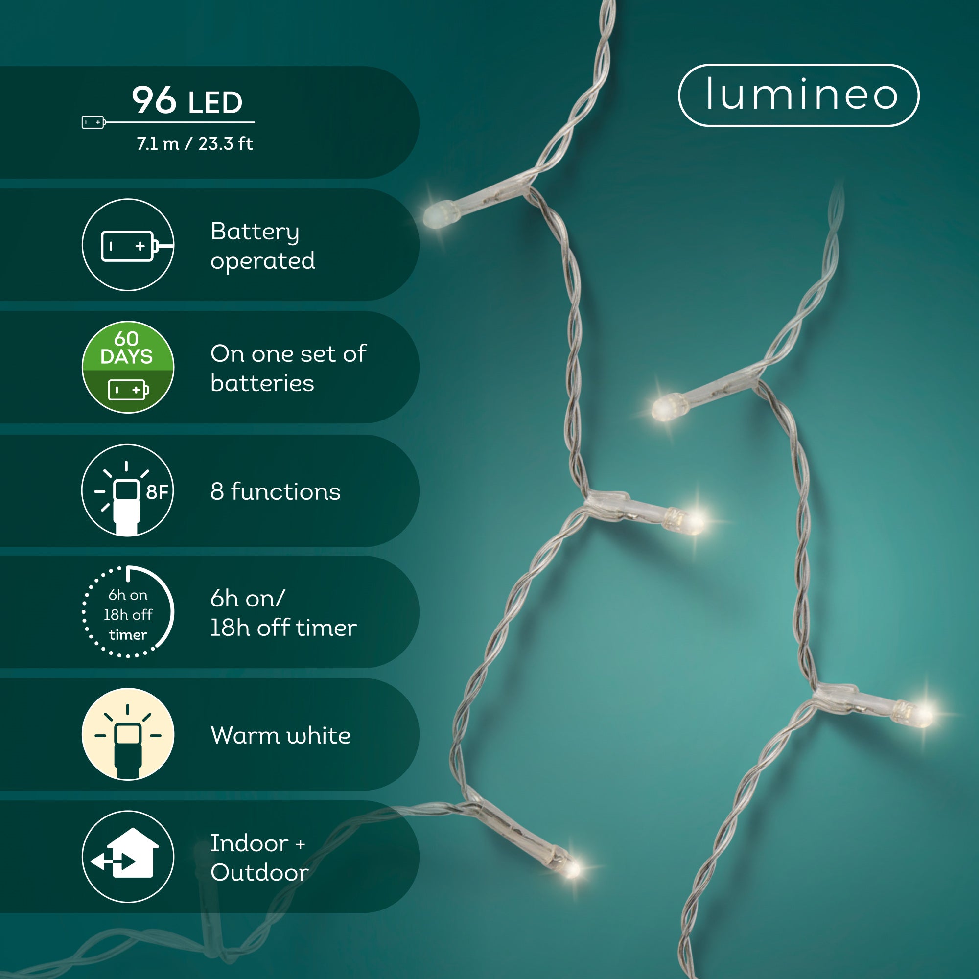 Luminaria Batteria 96 Led 7,1 M Warm