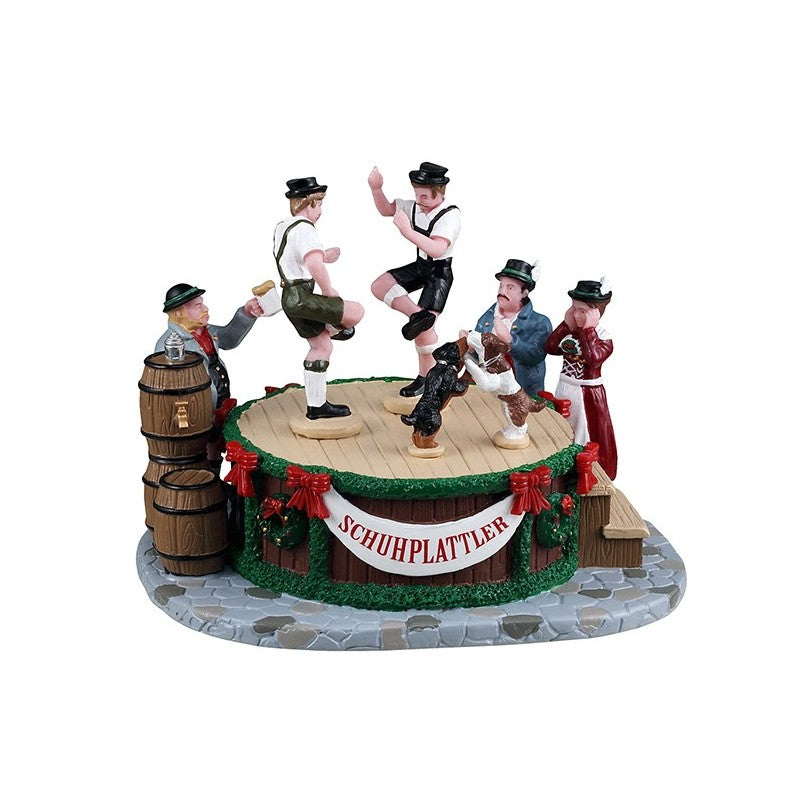Leapin' Lederhosen Lemax decorazione natalizia con danzatori bavaresi su piattaforma Schuhplattler - DeMatteis.it